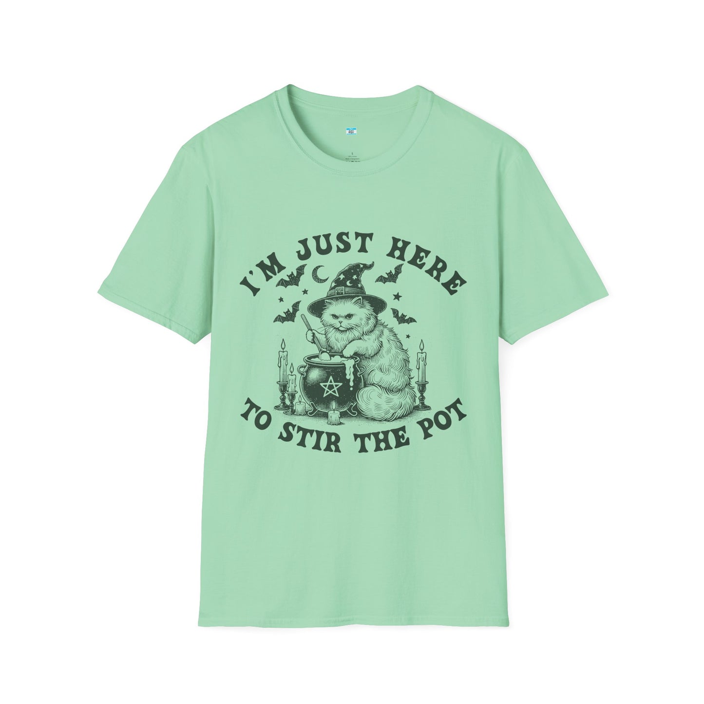 I’m Just Here to Stir the Pot T-Shirt – Funny Witch Cat Cauldron Graphic Tee, Halloween Shirt