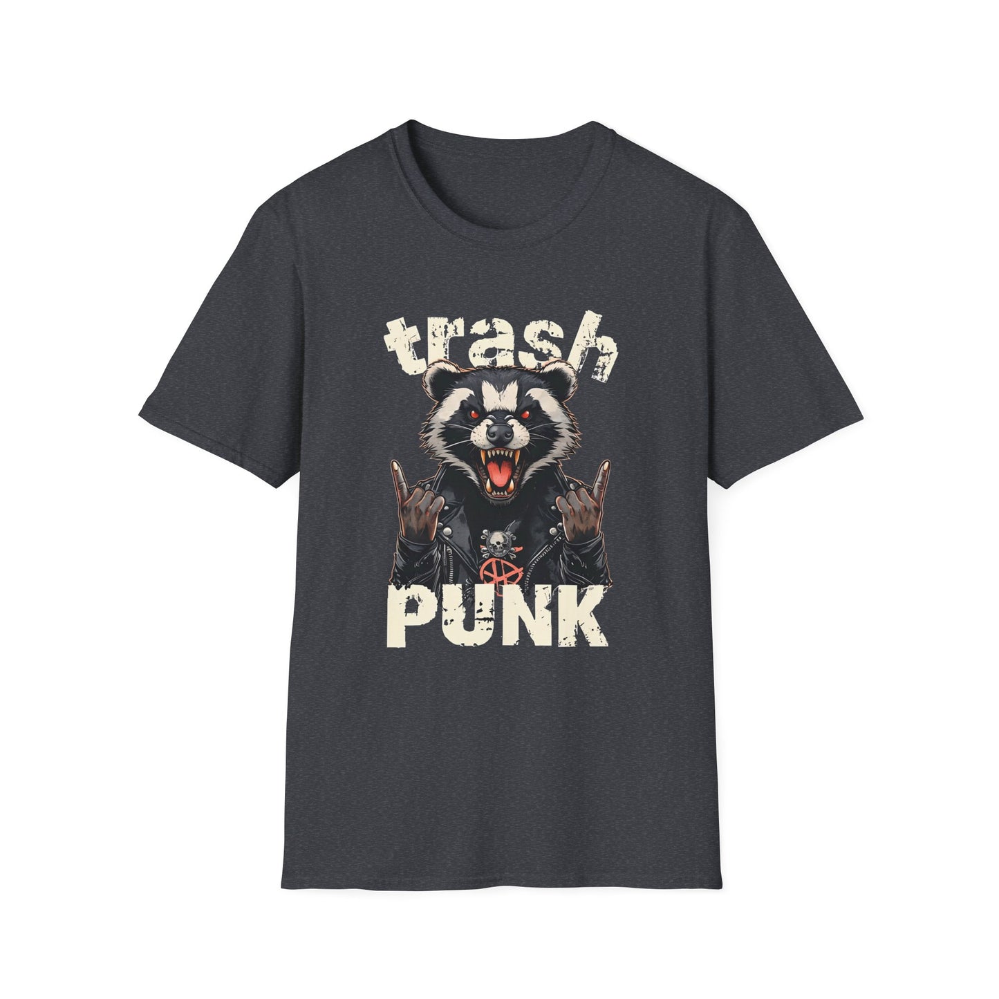 Trash Punk Raccoon T-Shirt – Funny Rocker Animal Graphic Tee – Rebel Trash Metal Band Shirt – Punk Rock Trash Panda Tee