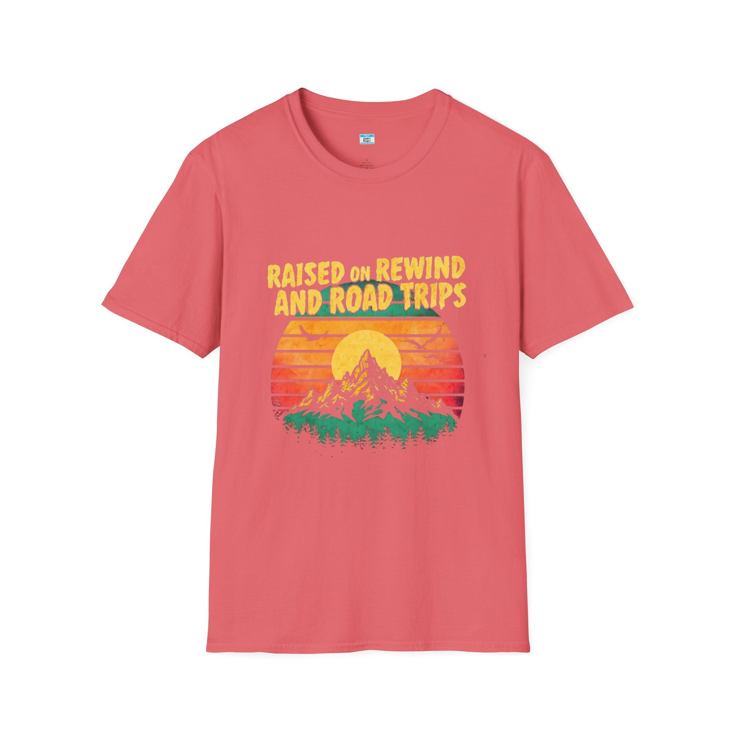 Raised on Rewind and Road Trips T-Shirt β Retro Sunset Mountain Adventure Tee