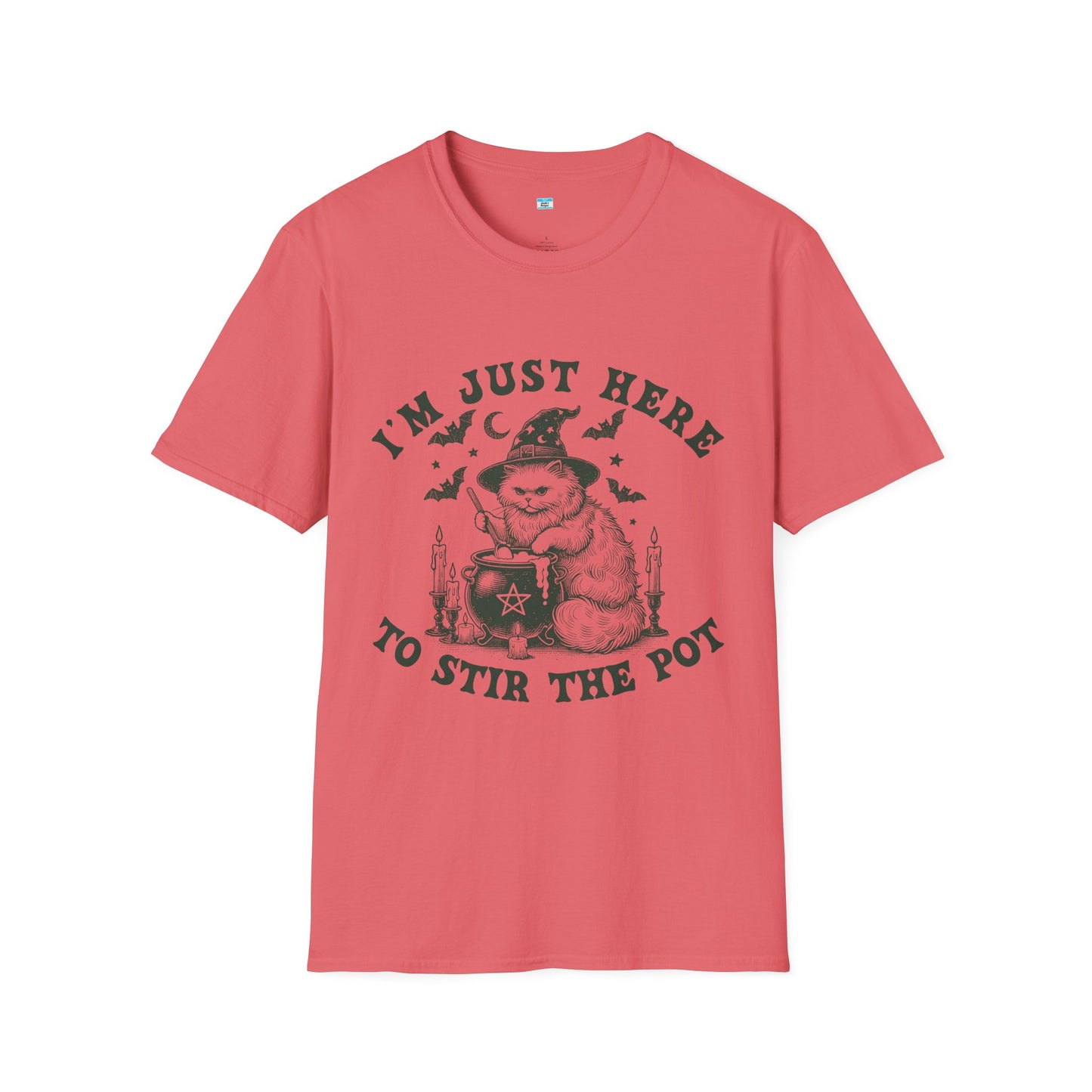 I’m Just Here to Stir the Pot T-Shirt – Funny Witch Cat Cauldron Graphic Tee, Halloween Shirt