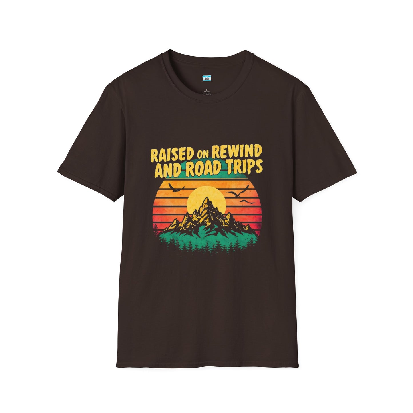 Raised on Rewind and Road Trips T-Shirt β Retro Sunset Mountain Adventure Tee