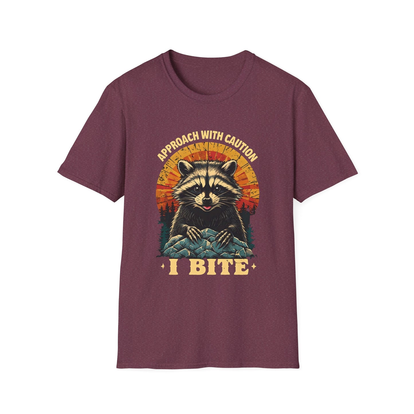 Funny Raccoon I Bite T-Shirt – Approach With Caution Graphic Tee – Cute but Dangerous Animal Shirt – Vintage Sunset Forest Trash Panda Shirt