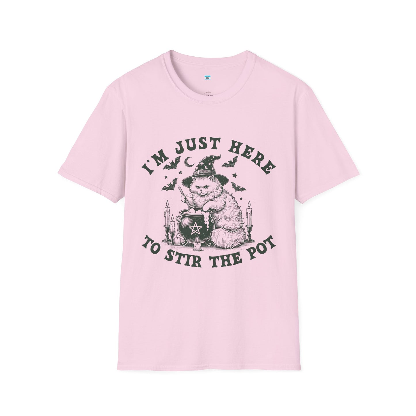 I’m Just Here to Stir the Pot T-Shirt – Funny Witch Cat Cauldron Graphic Tee, Halloween Shirt