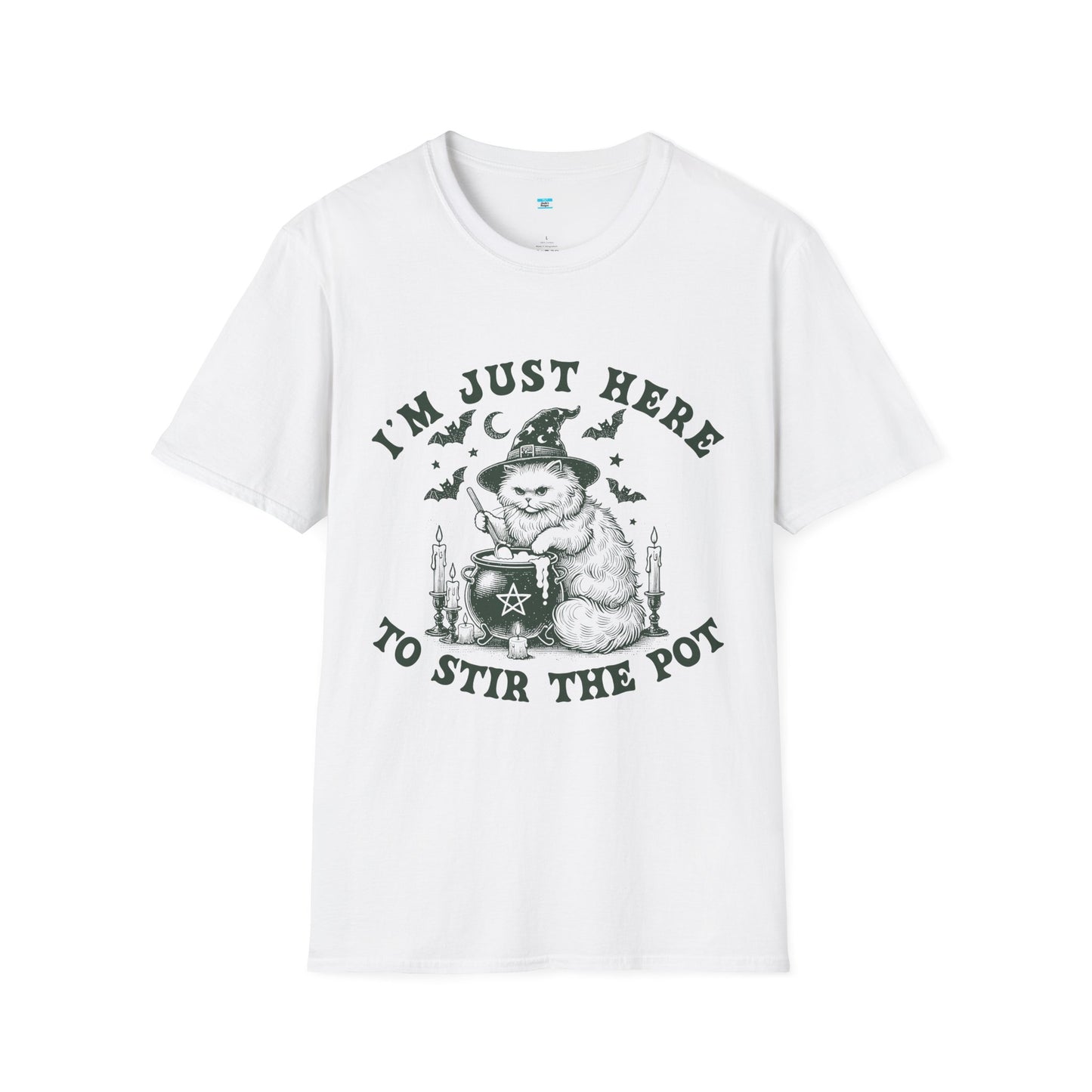 I’m Just Here to Stir the Pot T-Shirt – Funny Witch Cat Cauldron Graphic Tee, Halloween Shirt