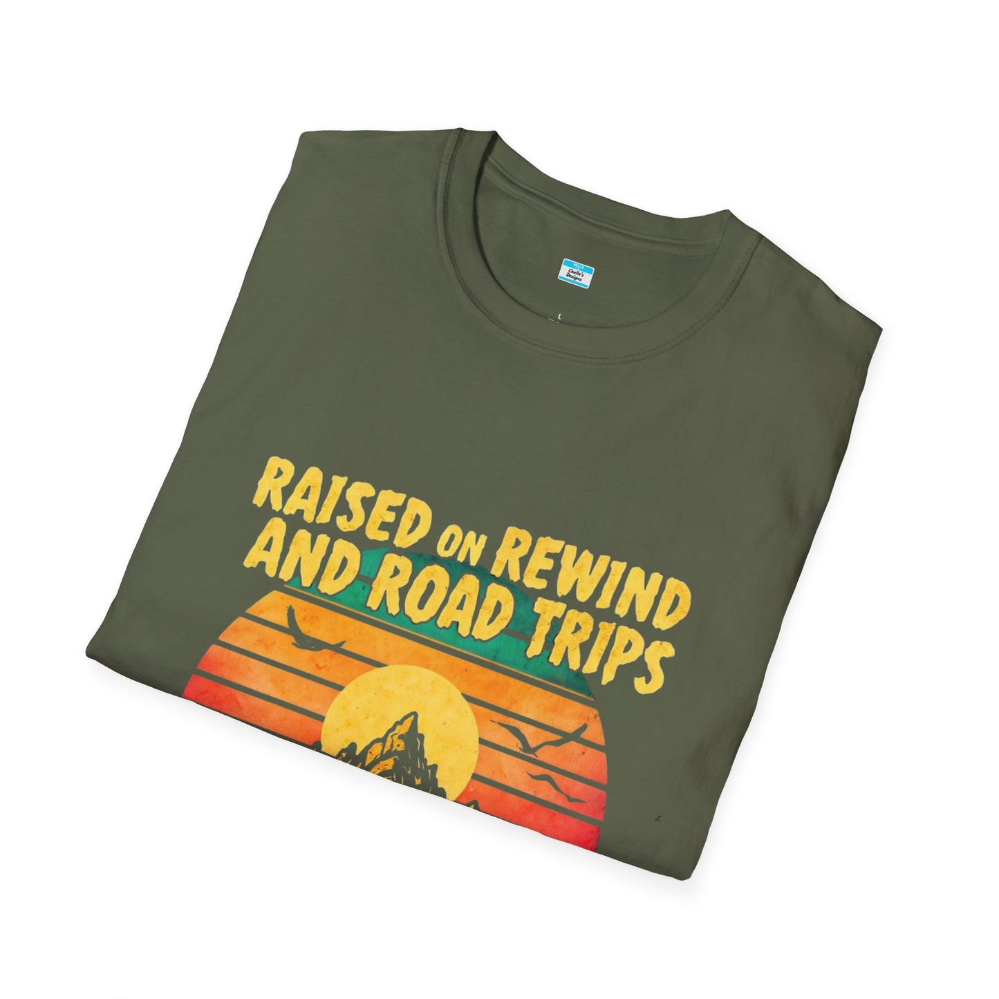 Raised on Rewind and Road Trips T-Shirt β Retro Sunset Mountain Adventure Tee