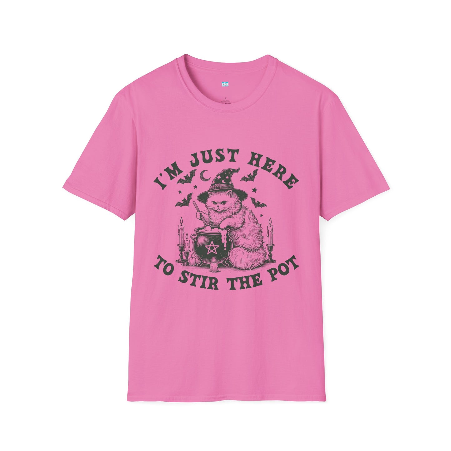 I’m Just Here to Stir the Pot T-Shirt – Funny Witch Cat Cauldron Graphic Tee, Halloween Shirt