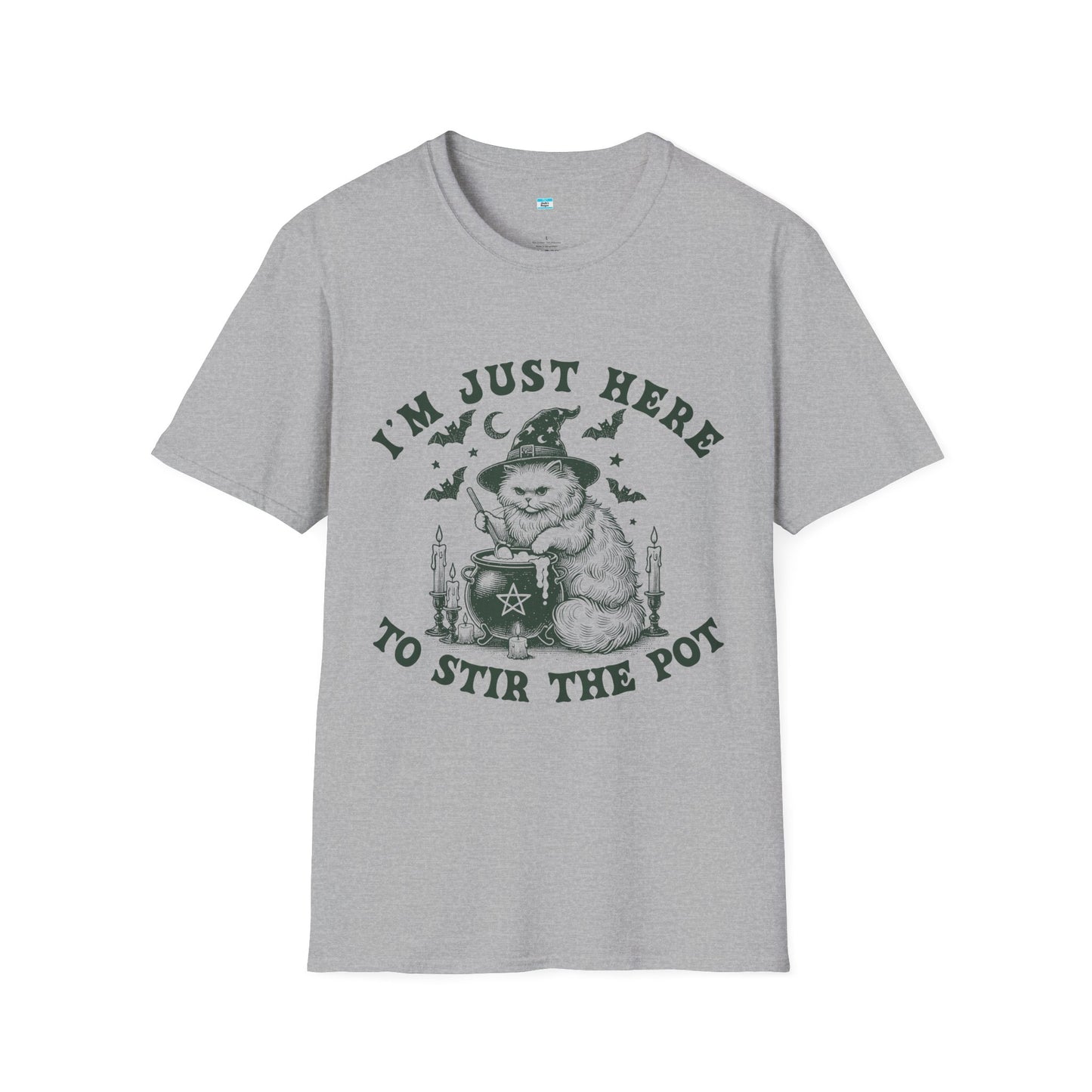 I’m Just Here to Stir the Pot T-Shirt – Funny Witch Cat Cauldron Graphic Tee, Halloween Shirt