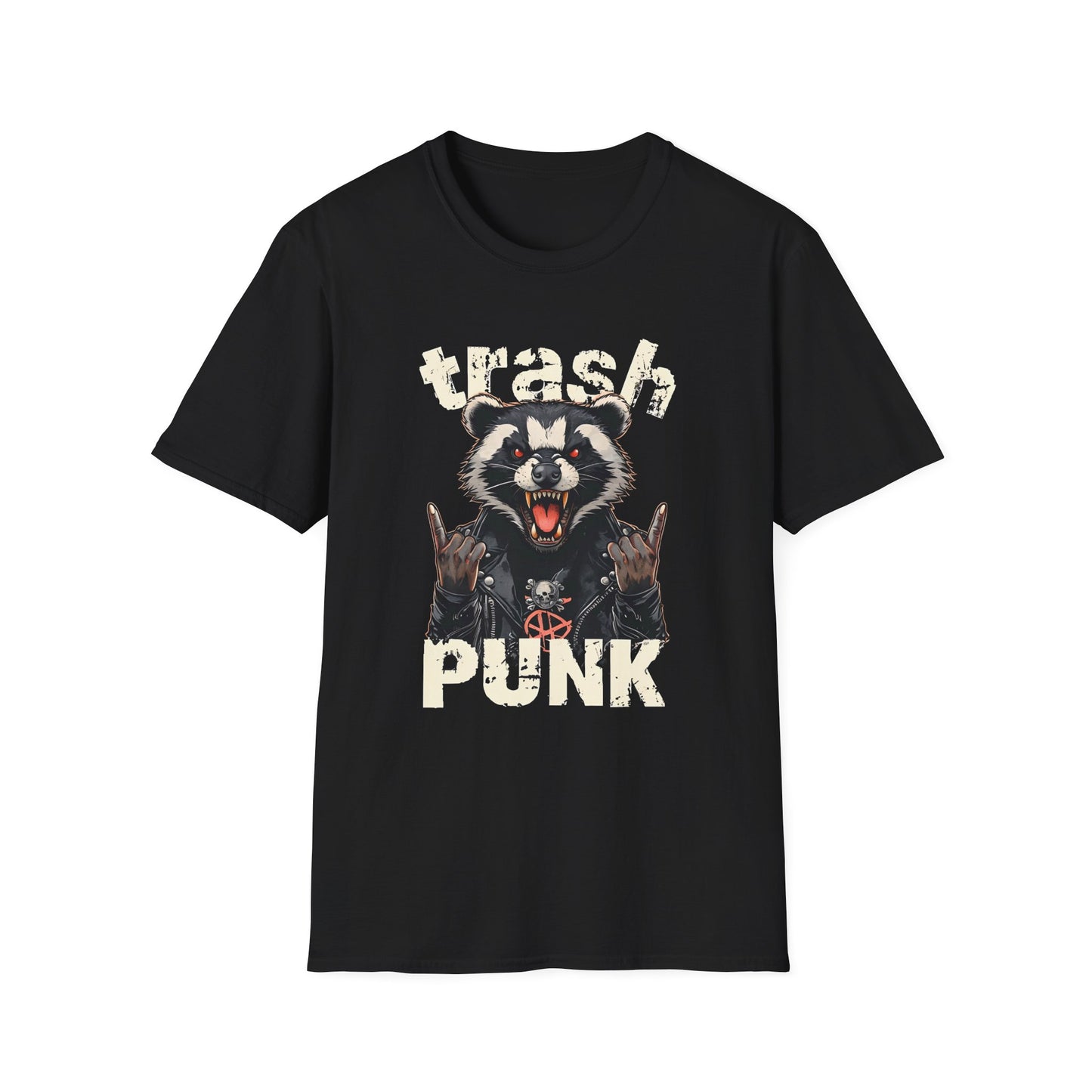 Trash Punk Raccoon T-Shirt – Funny Rocker Animal Graphic Tee – Rebel Trash Metal Band Shirt – Punk Rock Trash Panda Tee