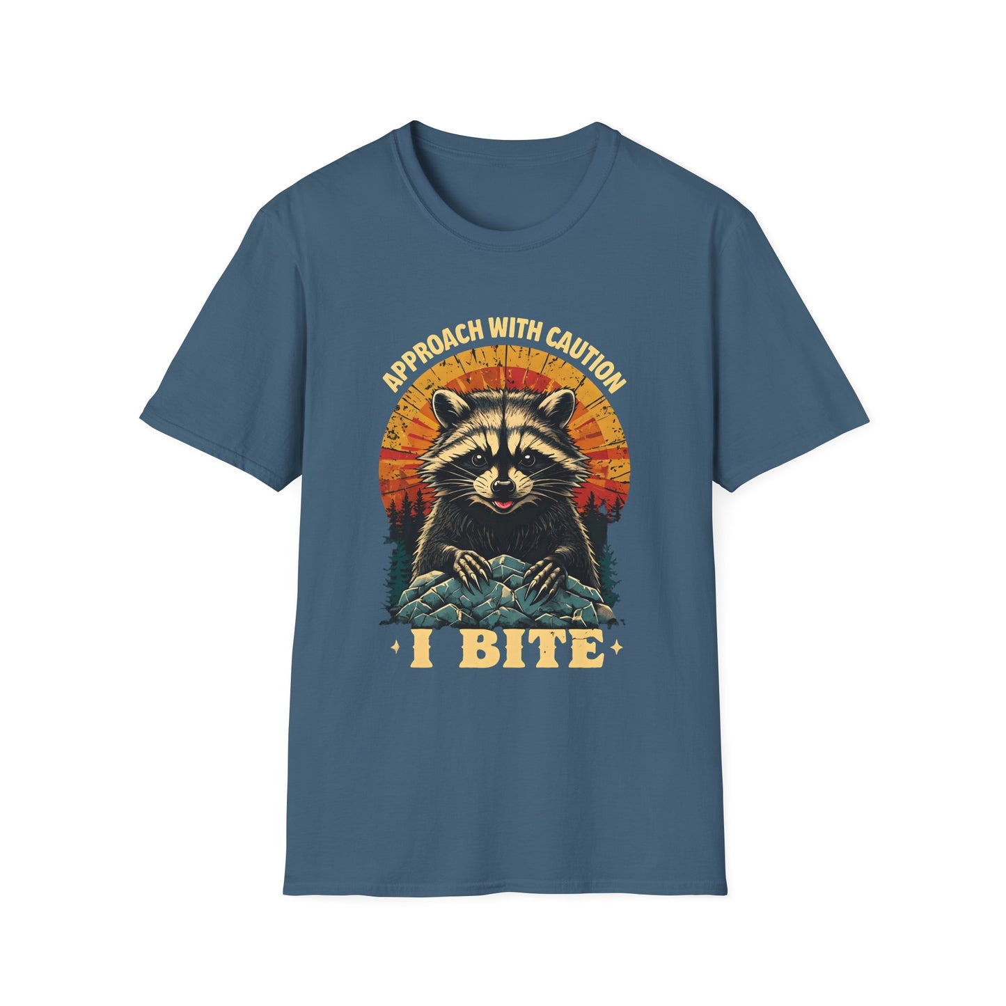 Funny Raccoon I Bite T-Shirt – Approach With Caution Graphic Tee – Cute but Dangerous Animal Shirt – Vintage Sunset Forest Trash Panda Shirt