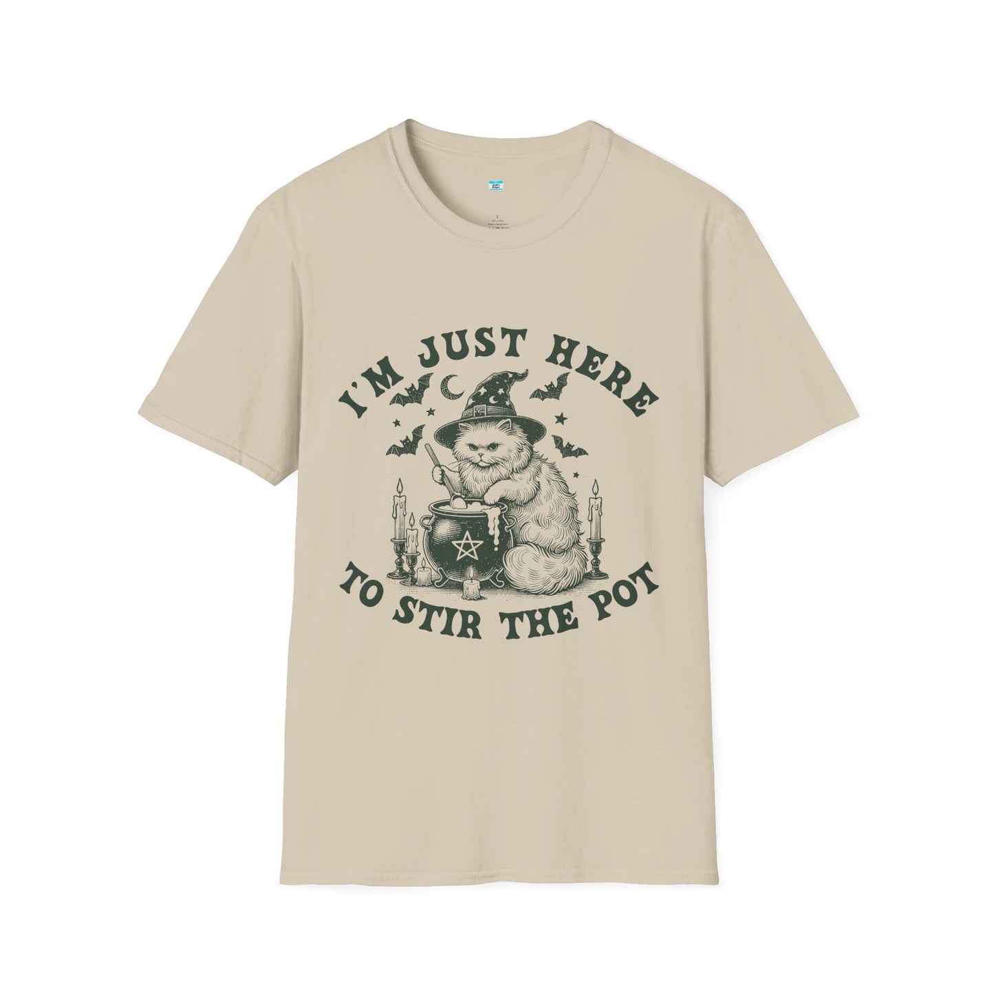 I’m Just Here to Stir the Pot T-Shirt – Funny Witch Cat Cauldron Graphic Tee, Halloween Shirt