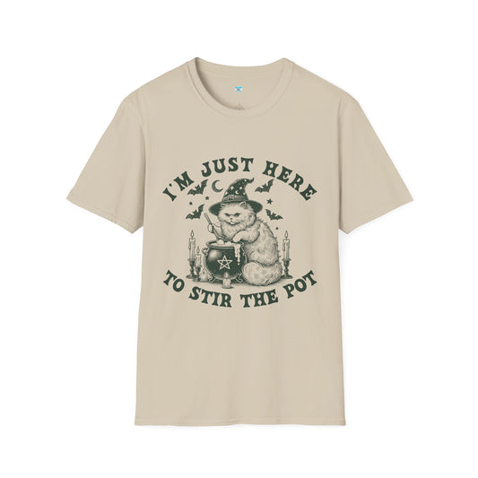 I’m Just Here to Stir the Pot T-Shirt – Funny Witch Cat Cauldron Graphic Tee, Halloween Shirt
