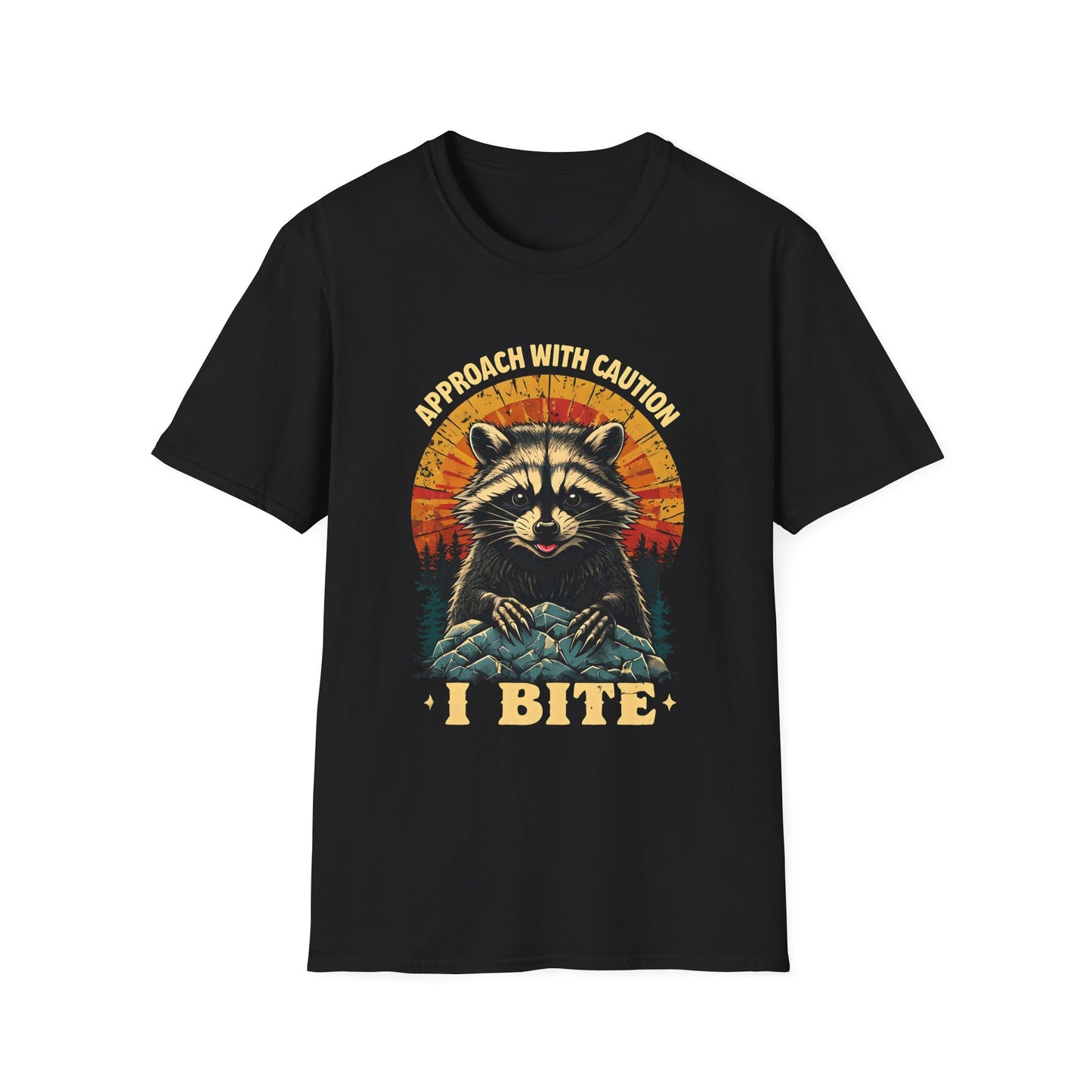Funny Raccoon I Bite T-Shirt – Approach With Caution Graphic Tee – Cute but Dangerous Animal Shirt – Vintage Sunset Forest Trash Panda Shirt