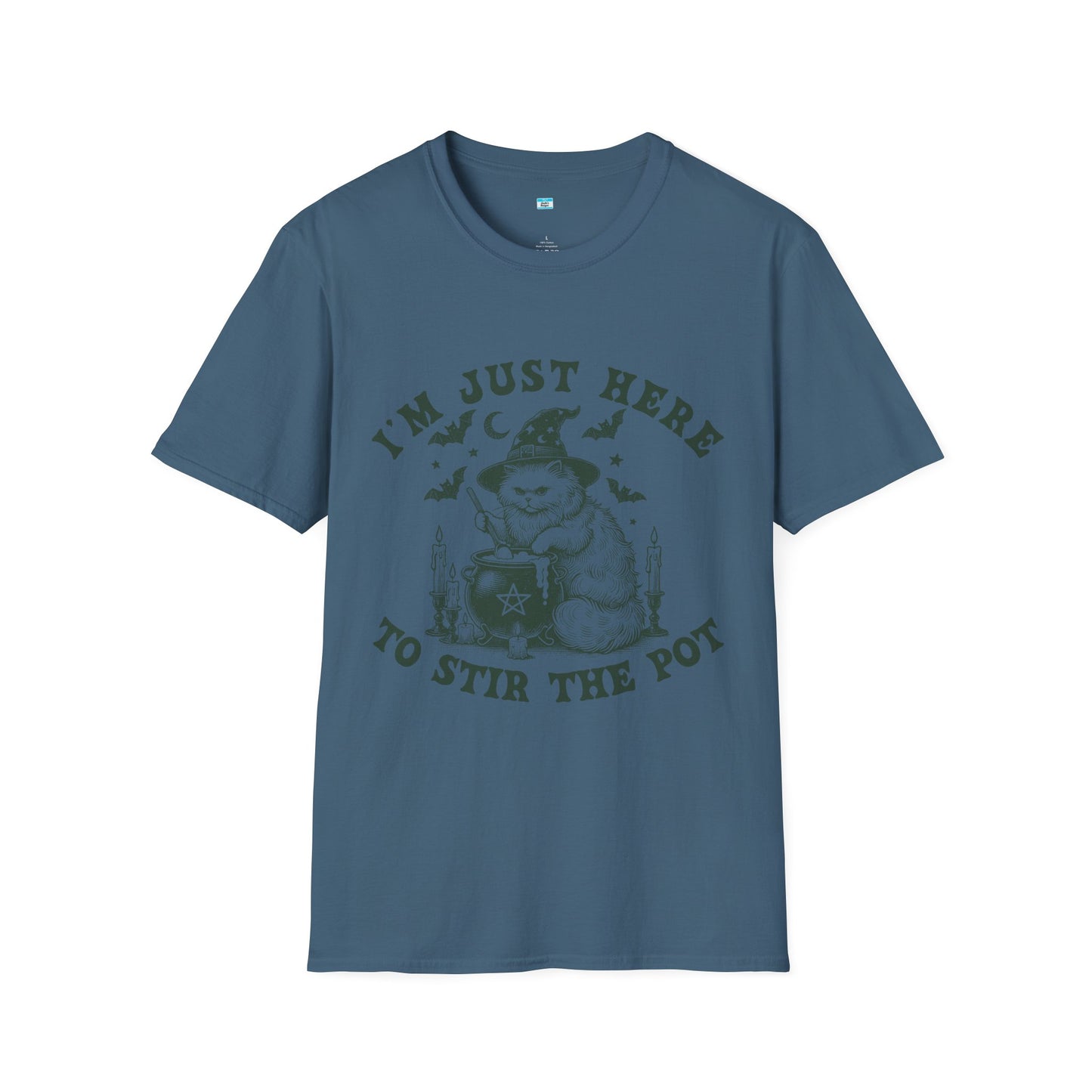 I’m Just Here to Stir the Pot T-Shirt – Funny Witch Cat Cauldron Graphic Tee, Halloween Shirt