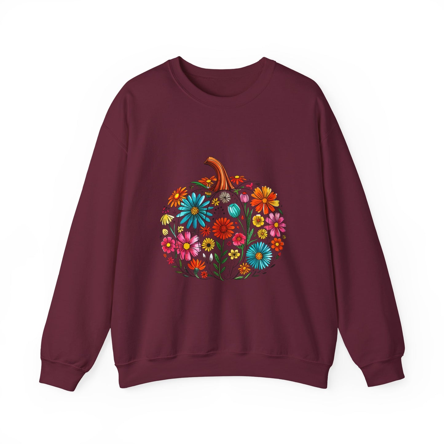 Floral Pumpkin Fall Sweatshirt | Cozy Boho Autumn Crewneck with Colorful Flowers