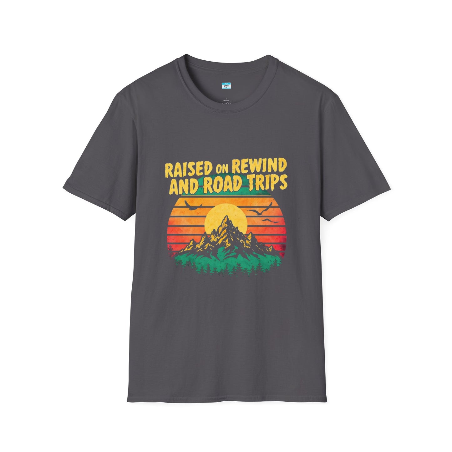 Raised on Rewind and Road Trips T-Shirt β Retro Sunset Mountain Adventure Tee