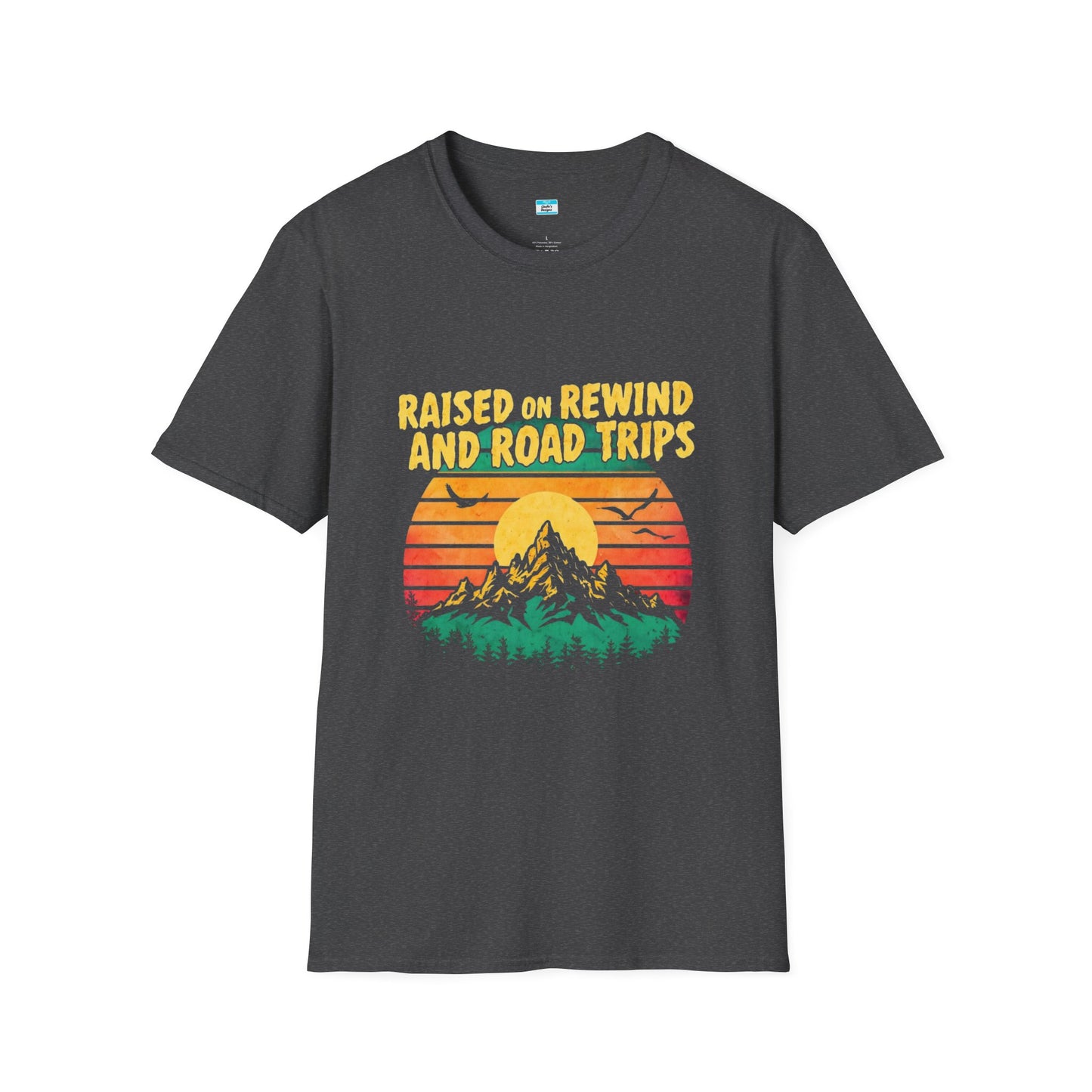 Raised on Rewind and Road Trips T-Shirt β Retro Sunset Mountain Adventure Tee