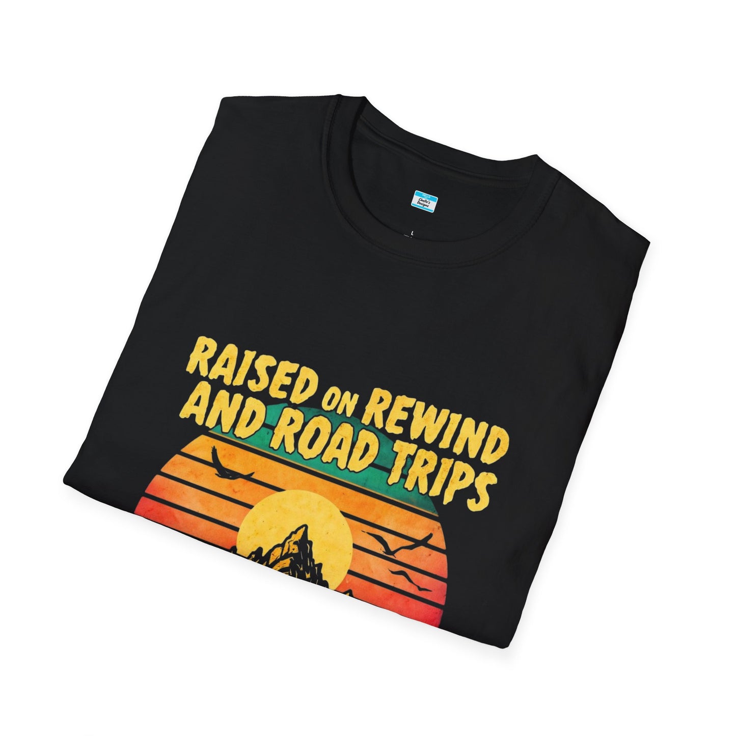 Raised on Rewind and Road Trips T-Shirt β Retro Sunset Mountain Adventure Tee