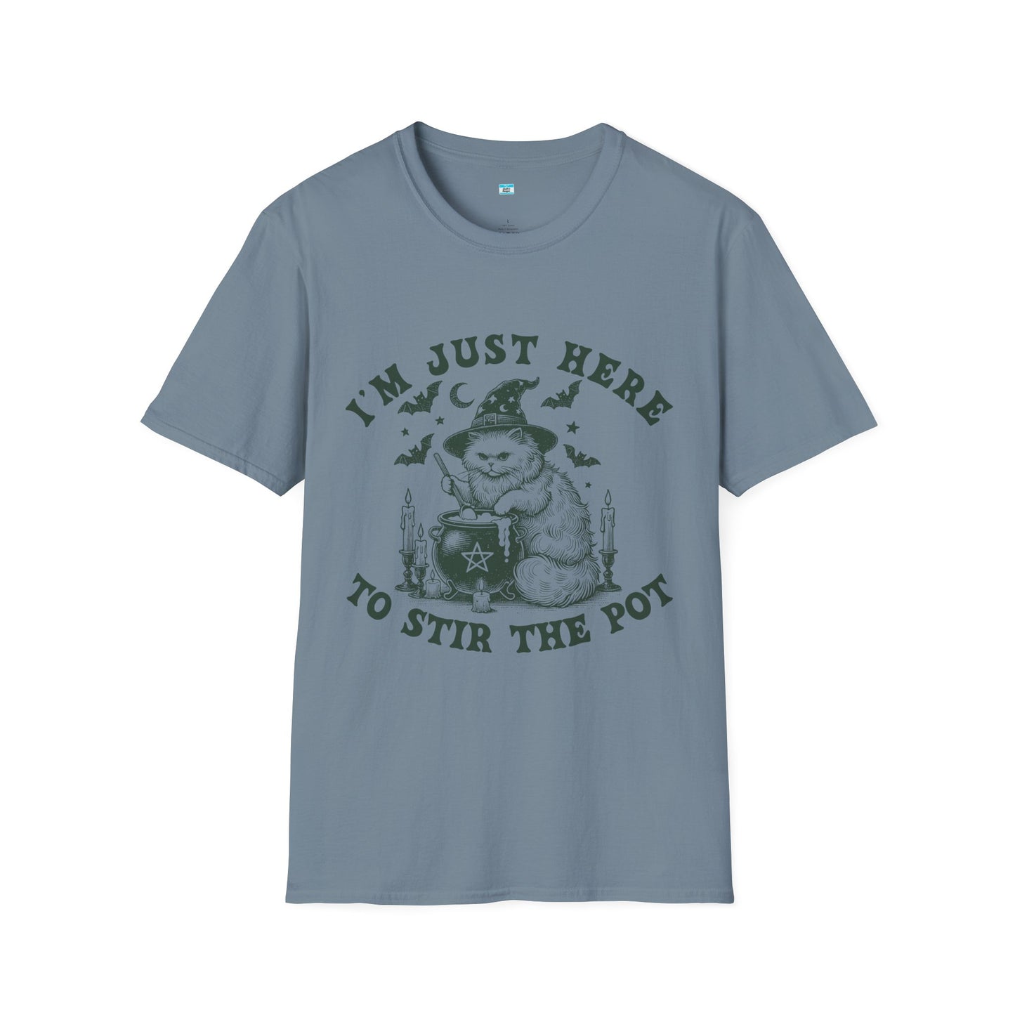 I’m Just Here to Stir the Pot T-Shirt – Funny Witch Cat Cauldron Graphic Tee, Halloween Shirt