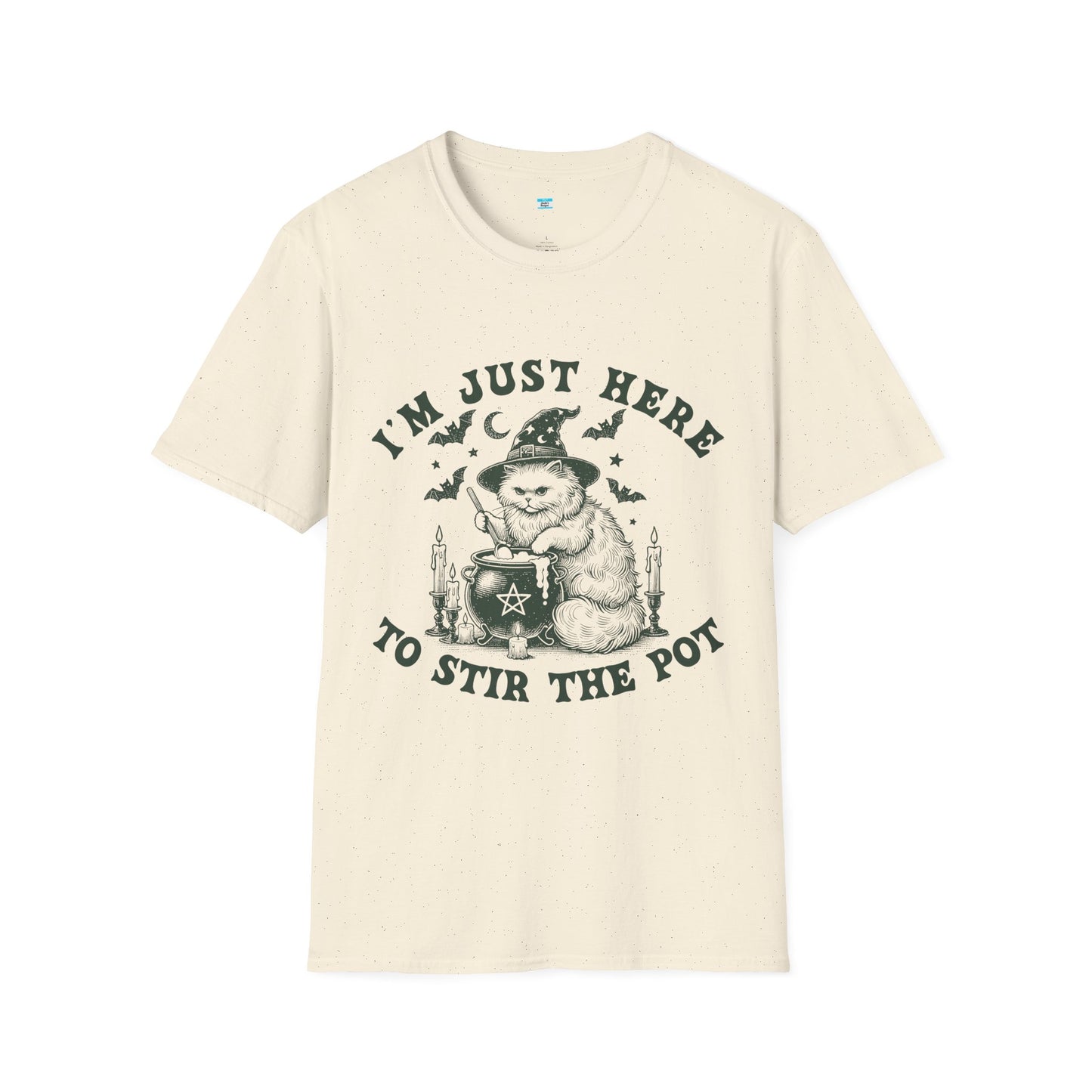 I’m Just Here to Stir the Pot T-Shirt – Funny Witch Cat Cauldron Graphic Tee, Halloween Shirt
