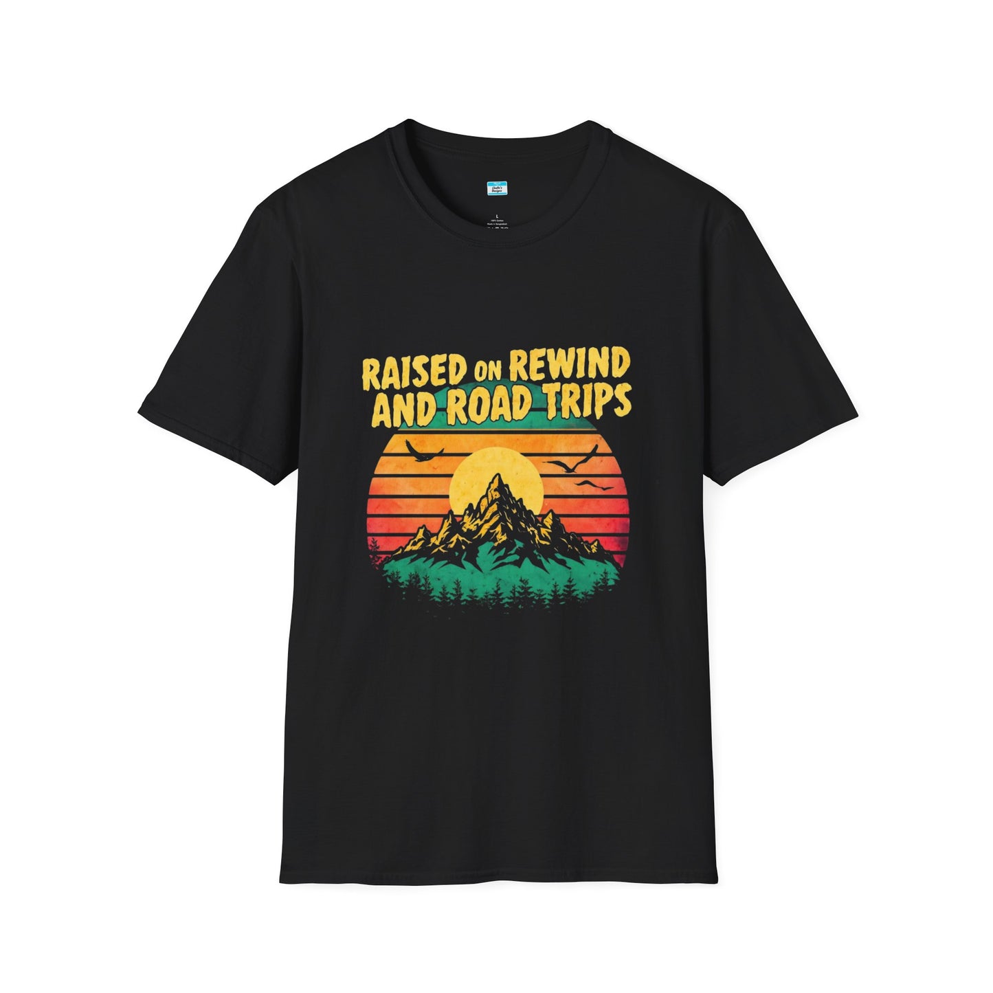 Raised on Rewind and Road Trips T-Shirt β Retro Sunset Mountain Adventure Tee