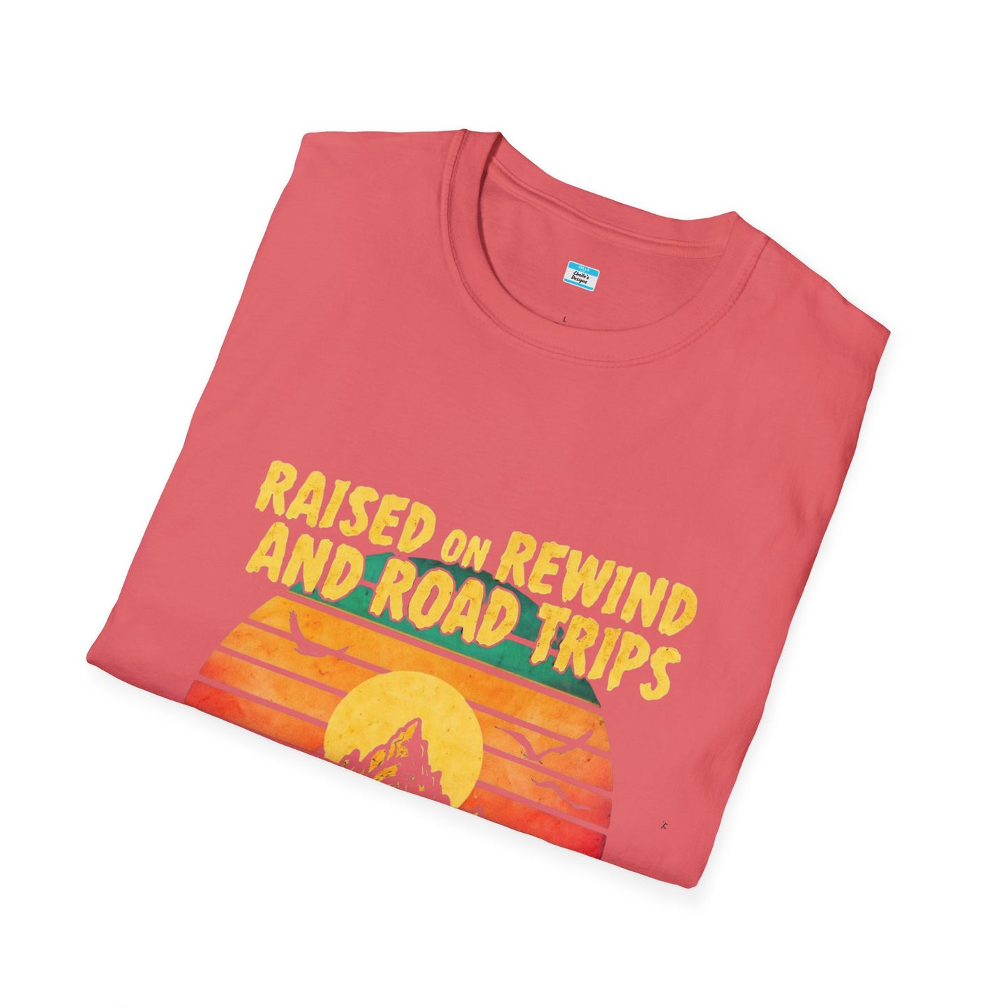 Raised on Rewind and Road Trips T-Shirt β Retro Sunset Mountain Adventure Tee