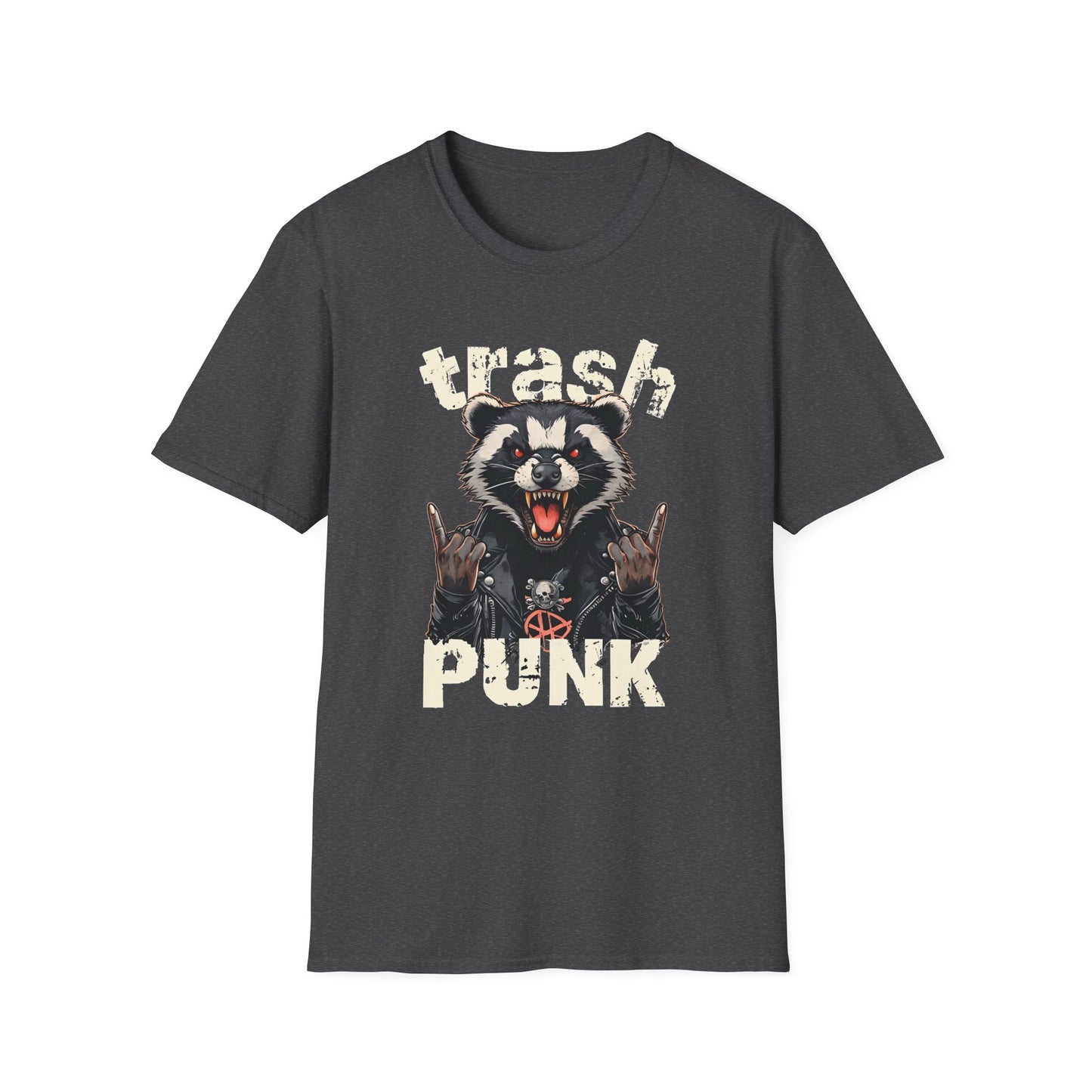 Trash Punk Raccoon T-Shirt – Funny Rocker Animal Graphic Tee – Rebel Trash Metal Band Shirt – Punk Rock Trash Panda Tee