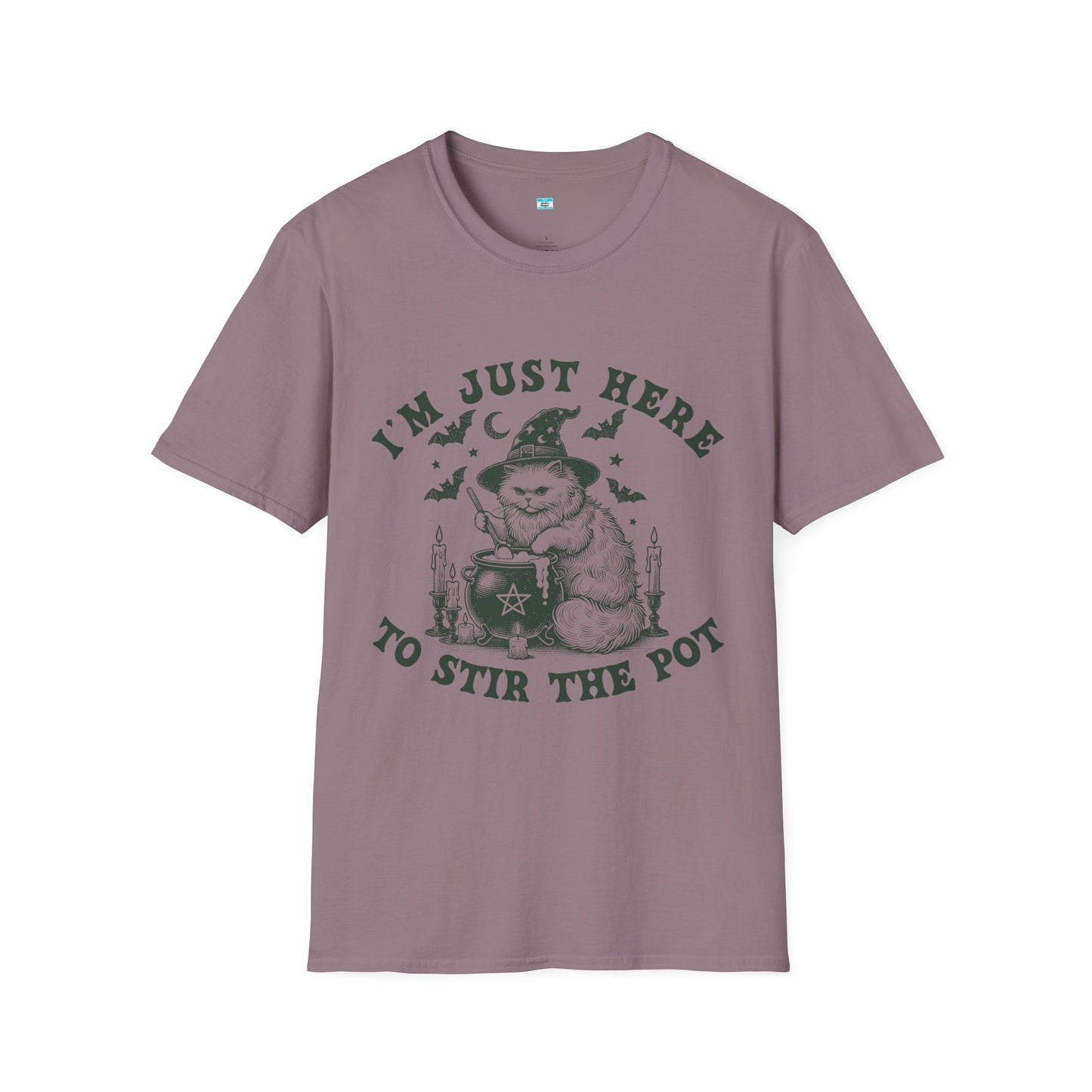 I’m Just Here to Stir the Pot T-Shirt – Funny Witch Cat Cauldron Graphic Tee, Halloween Shirt