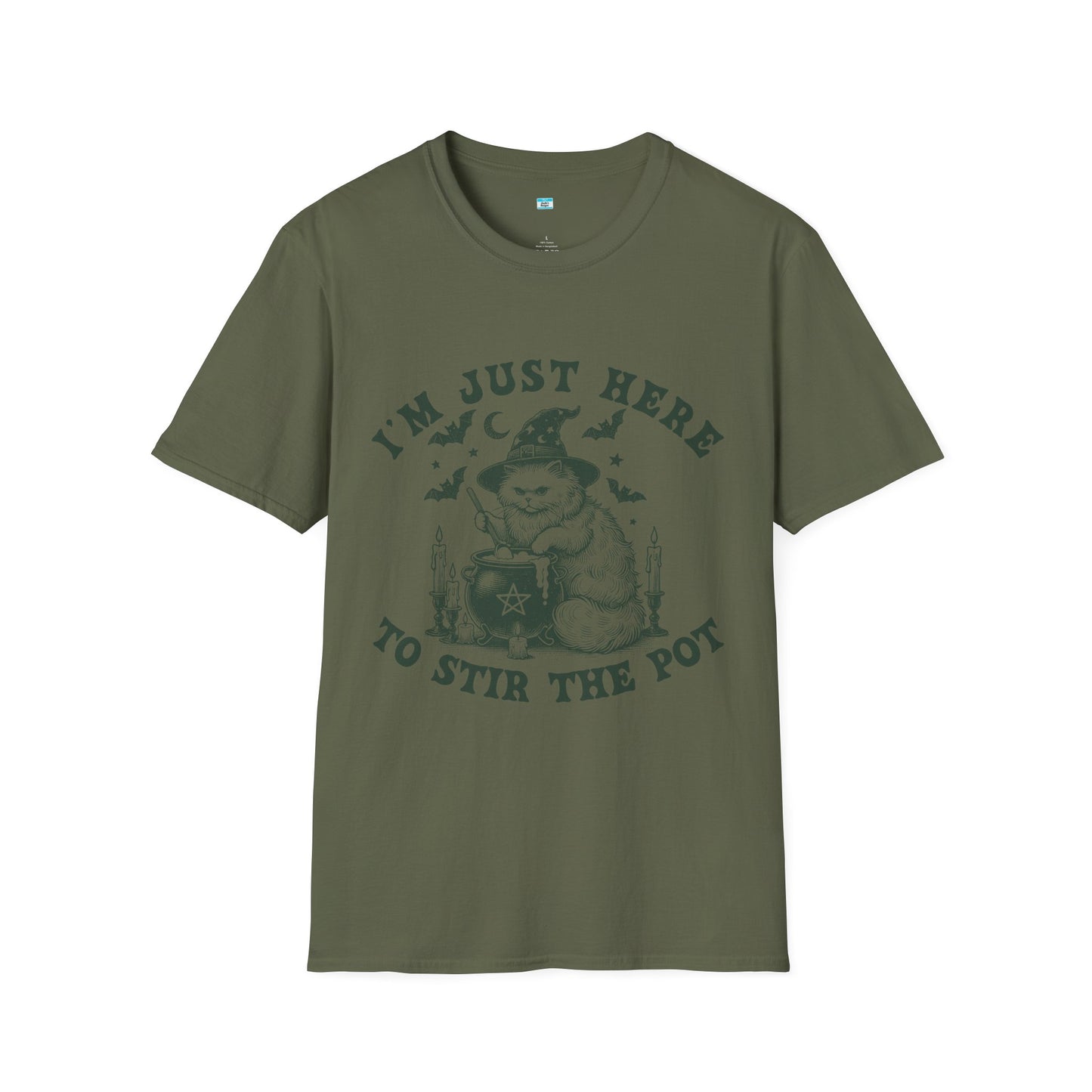 I’m Just Here to Stir the Pot T-Shirt – Funny Witch Cat Cauldron Graphic Tee, Halloween Shirt