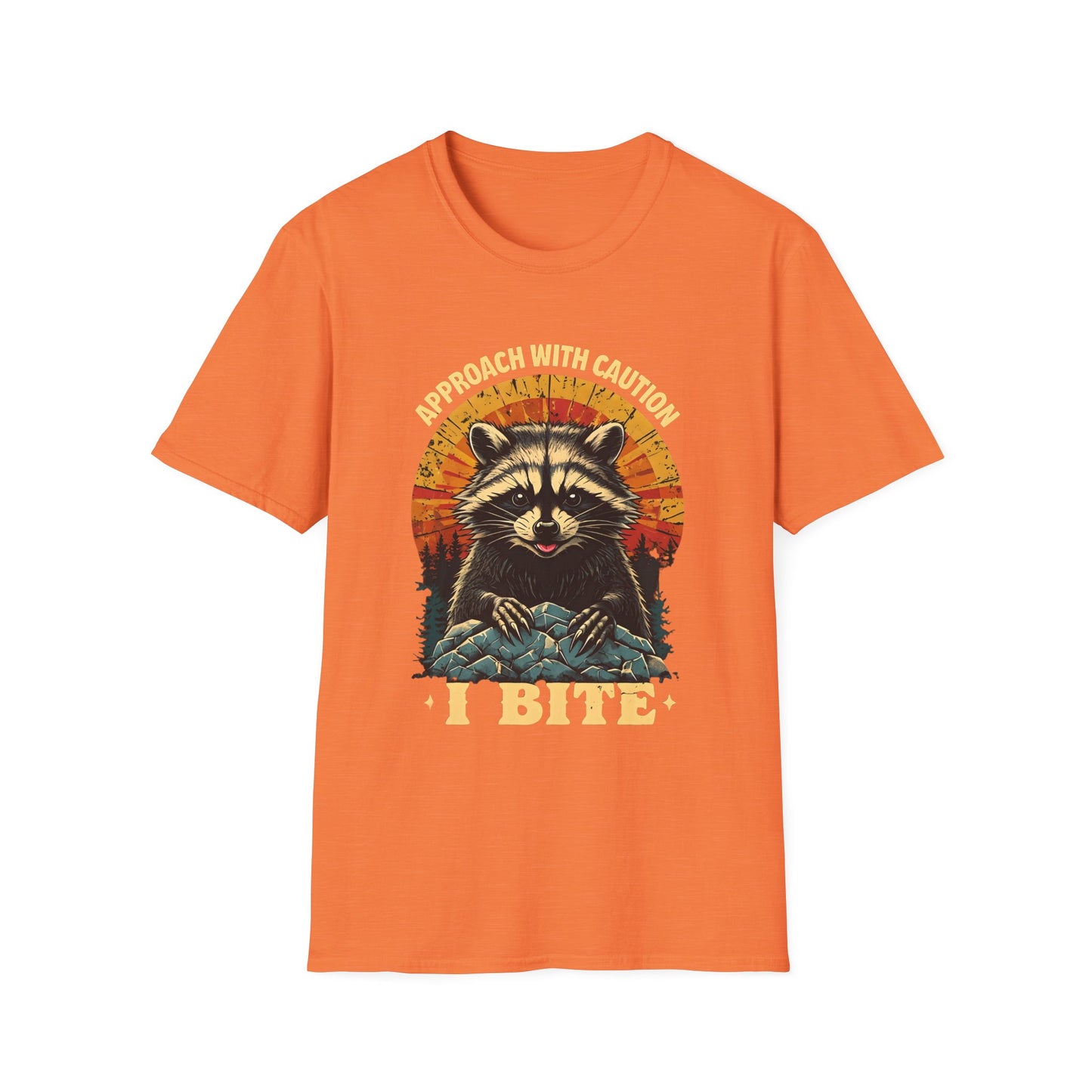 Funny Raccoon I Bite T-Shirt – Approach With Caution Graphic Tee – Cute but Dangerous Animal Shirt – Vintage Sunset Forest Trash Panda Shirt