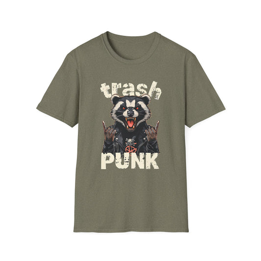 Trash Punk Raccoon T-Shirt – Funny Rocker Animal Graphic Tee – Rebel Trash Metal Band Shirt – Punk Rock Trash Panda Tee