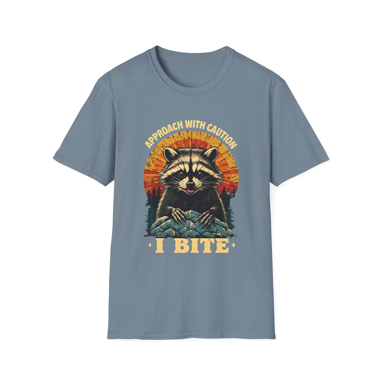Funny Raccoon I Bite T-Shirt – Approach With Caution Graphic Tee – Cute but Dangerous Animal Shirt – Vintage Sunset Forest Trash Panda Shirt