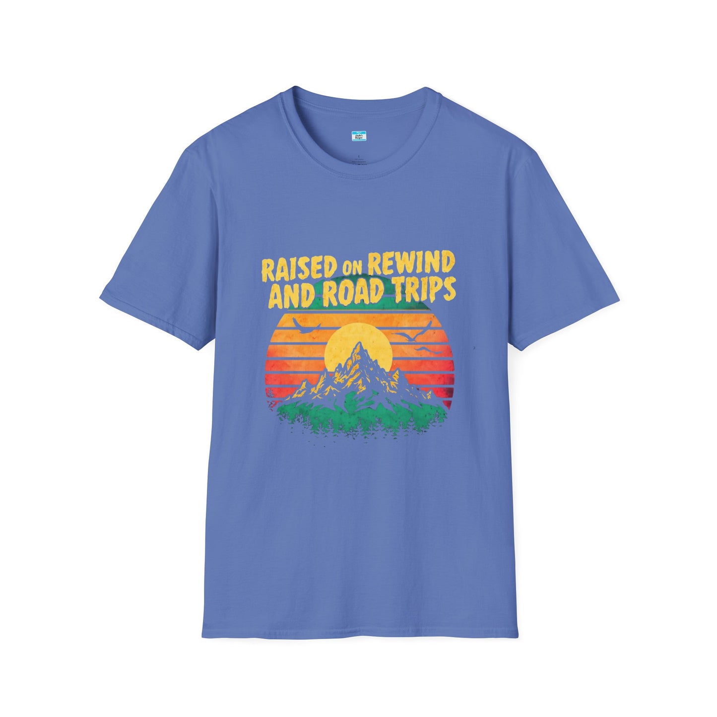 Raised on Rewind and Road Trips T-Shirt β Retro Sunset Mountain Adventure Tee
