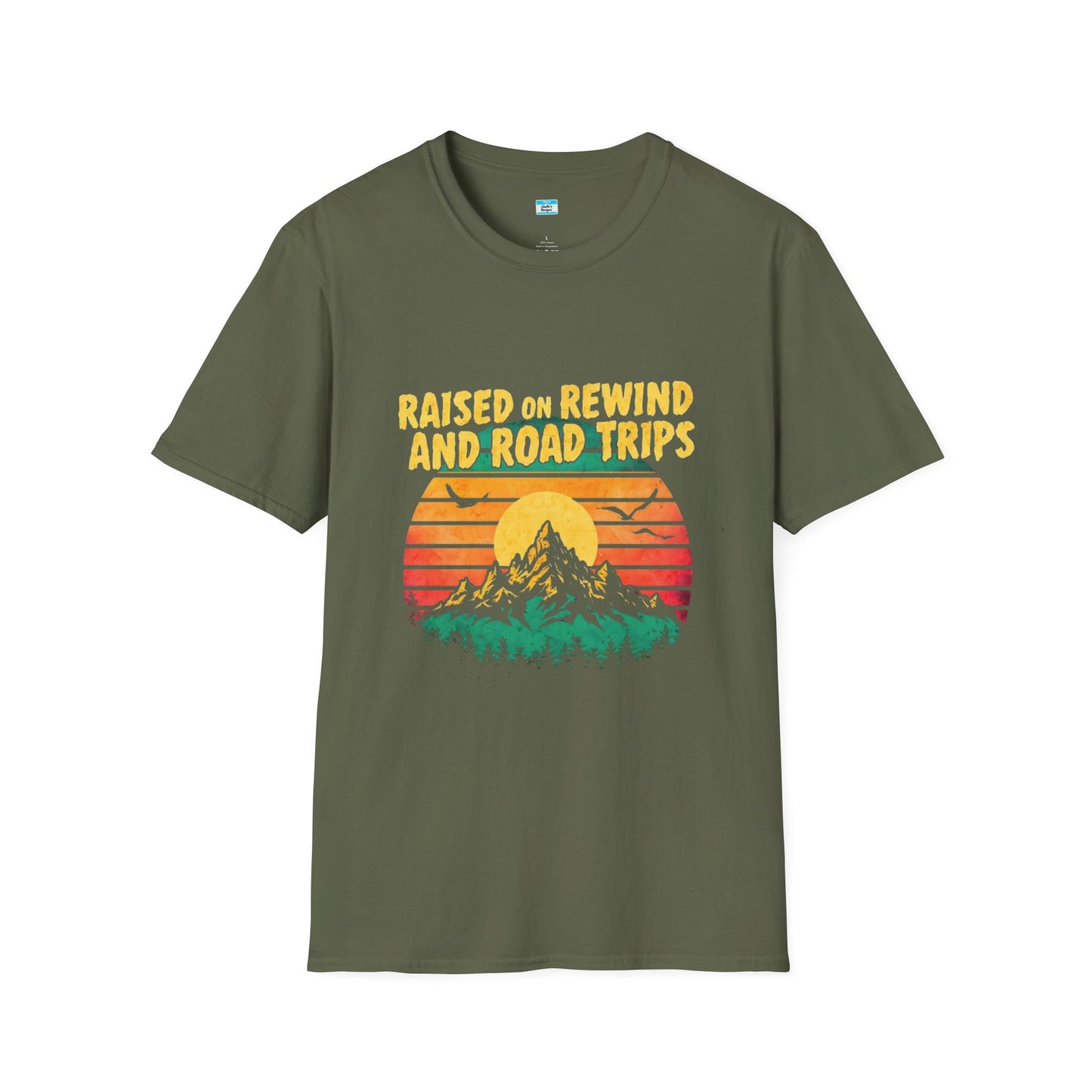 Raised on Rewind and Road Trips T-Shirt β Retro Sunset Mountain Adventure Tee