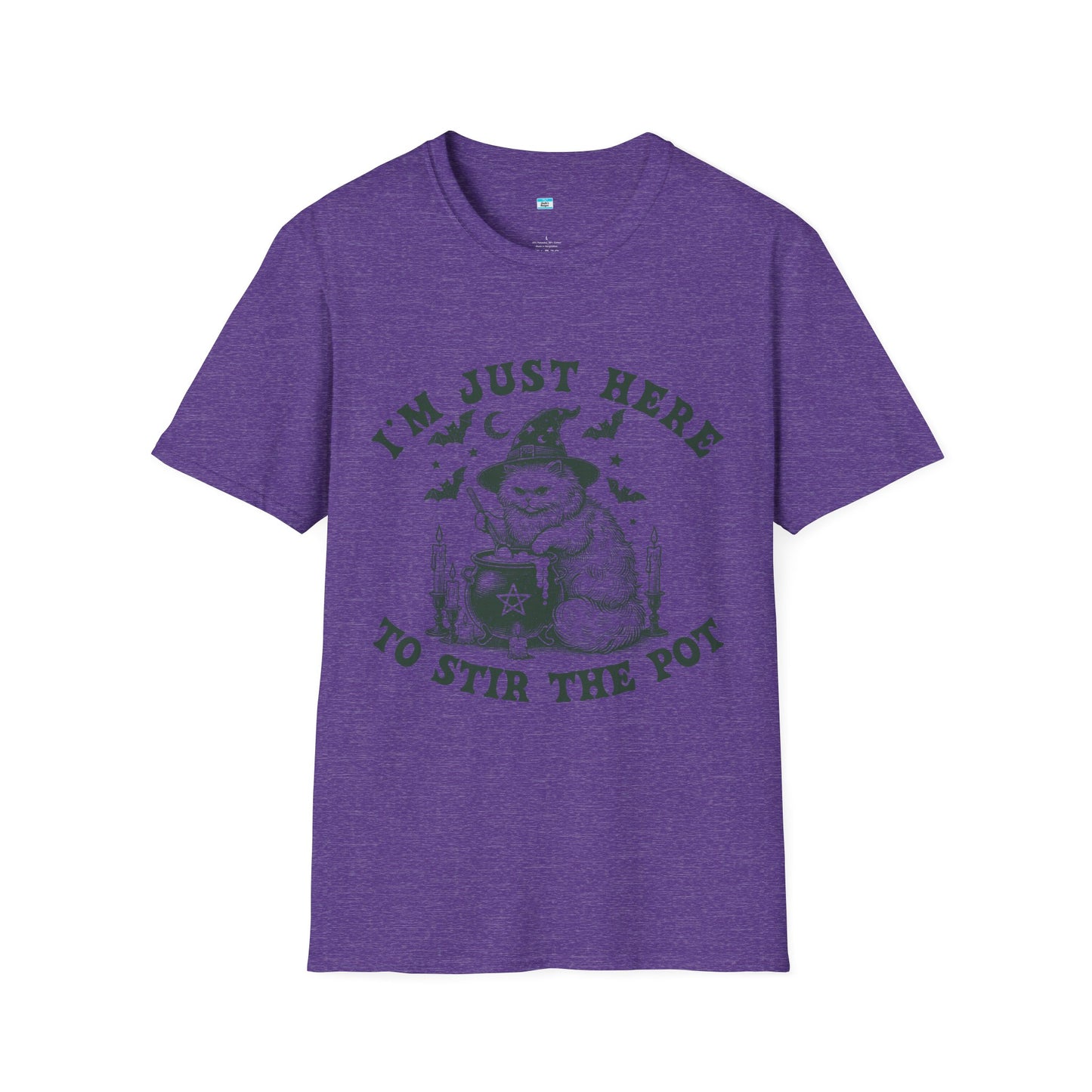 I’m Just Here to Stir the Pot T-Shirt – Funny Witch Cat Cauldron Graphic Tee, Halloween Shirt