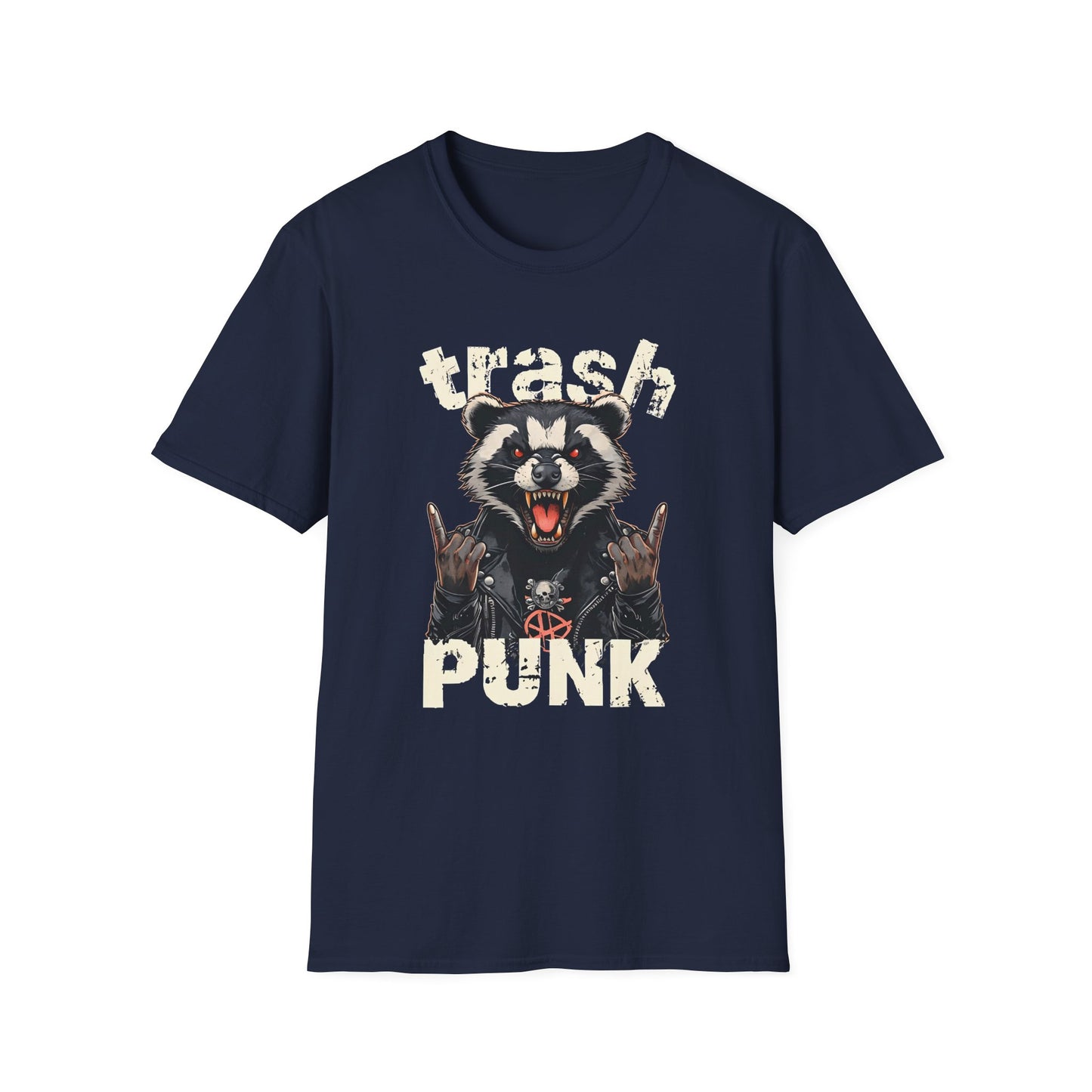 Trash Punk Raccoon T-Shirt – Funny Rocker Animal Graphic Tee – Rebel Trash Metal Band Shirt – Punk Rock Trash Panda Tee
