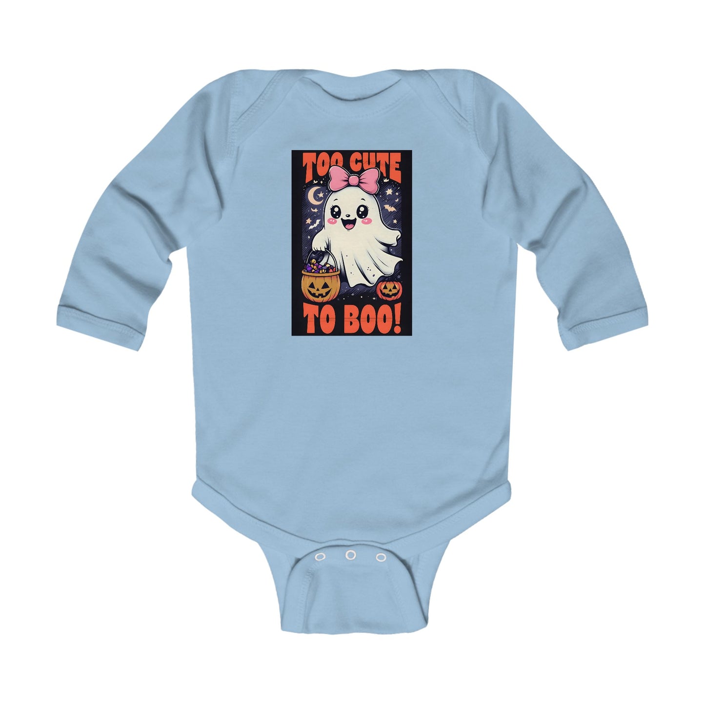 Too Cute to Boo – Baby Girl Halloween Onesie with Ghost and Pumpkins