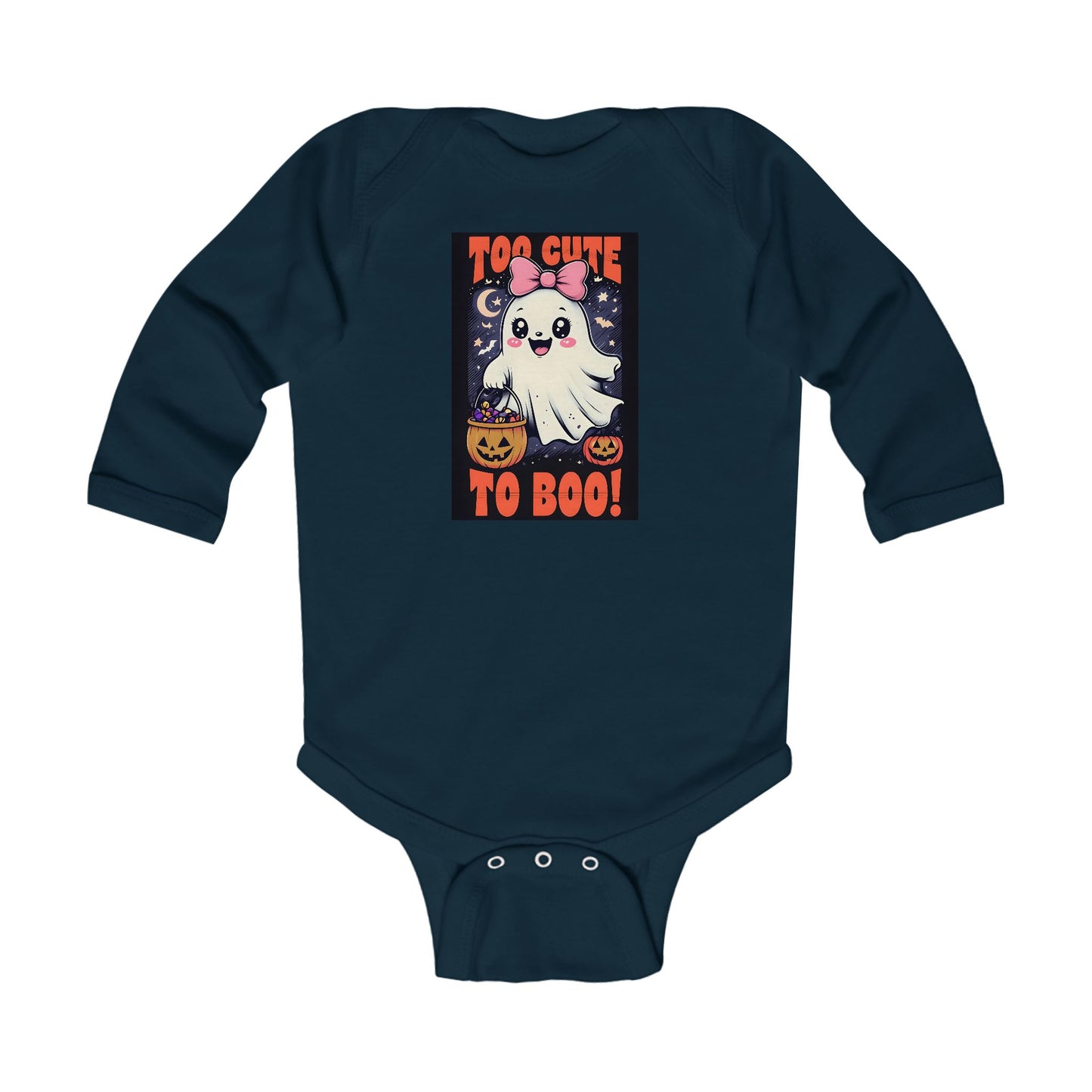 Too Cute to Boo – Baby Girl Halloween Onesie with Ghost and Pumpkins