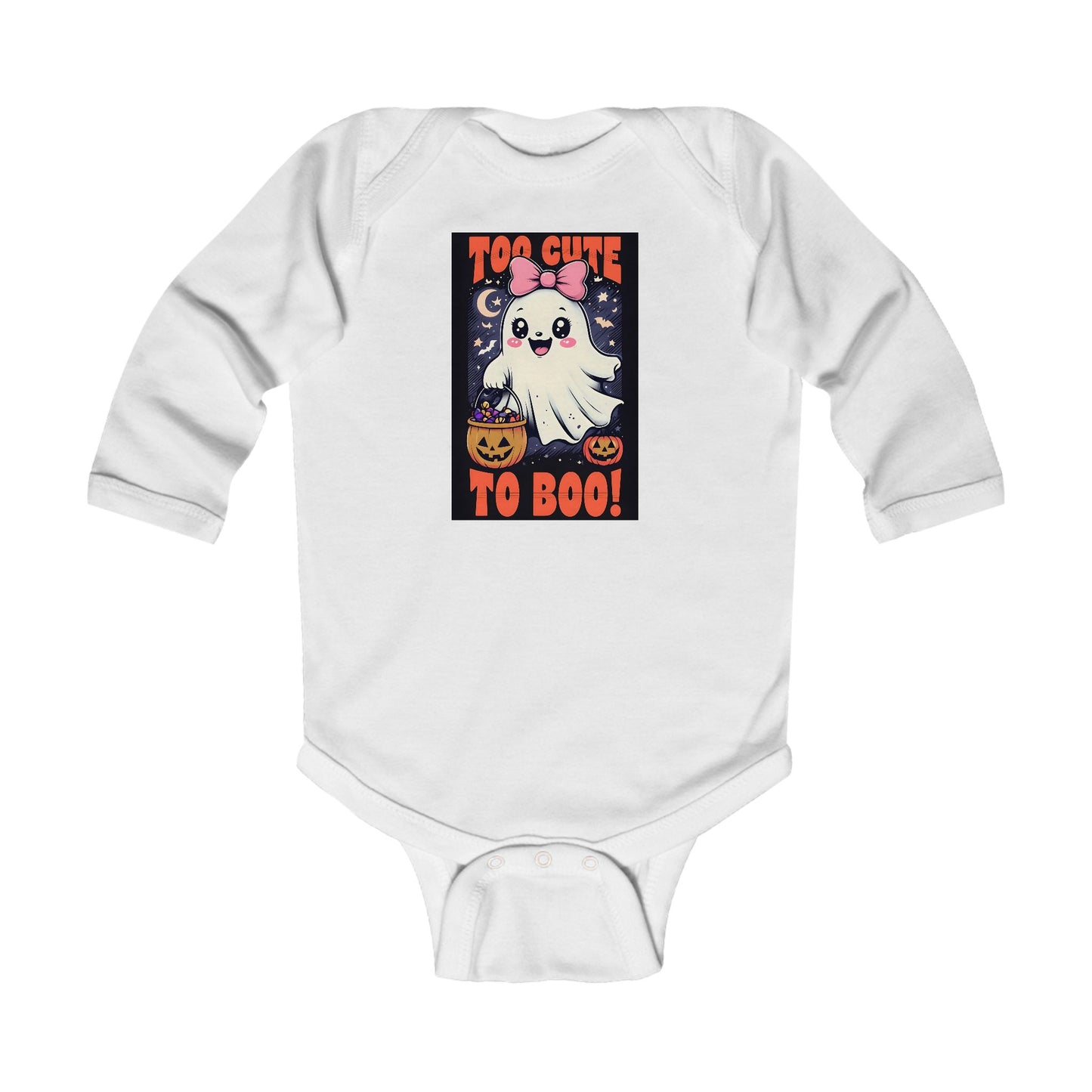 Too Cute to Boo – Baby Girl Halloween Onesie with Ghost and Pumpkins
