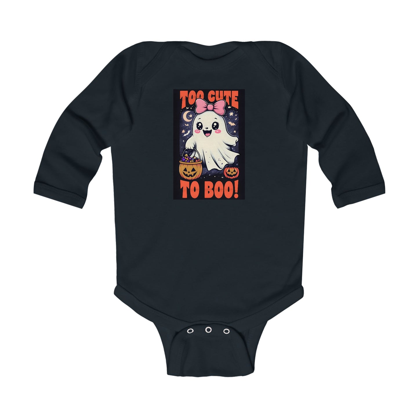 Too Cute to Boo – Baby Girl Halloween Onesie with Ghost and Pumpkins