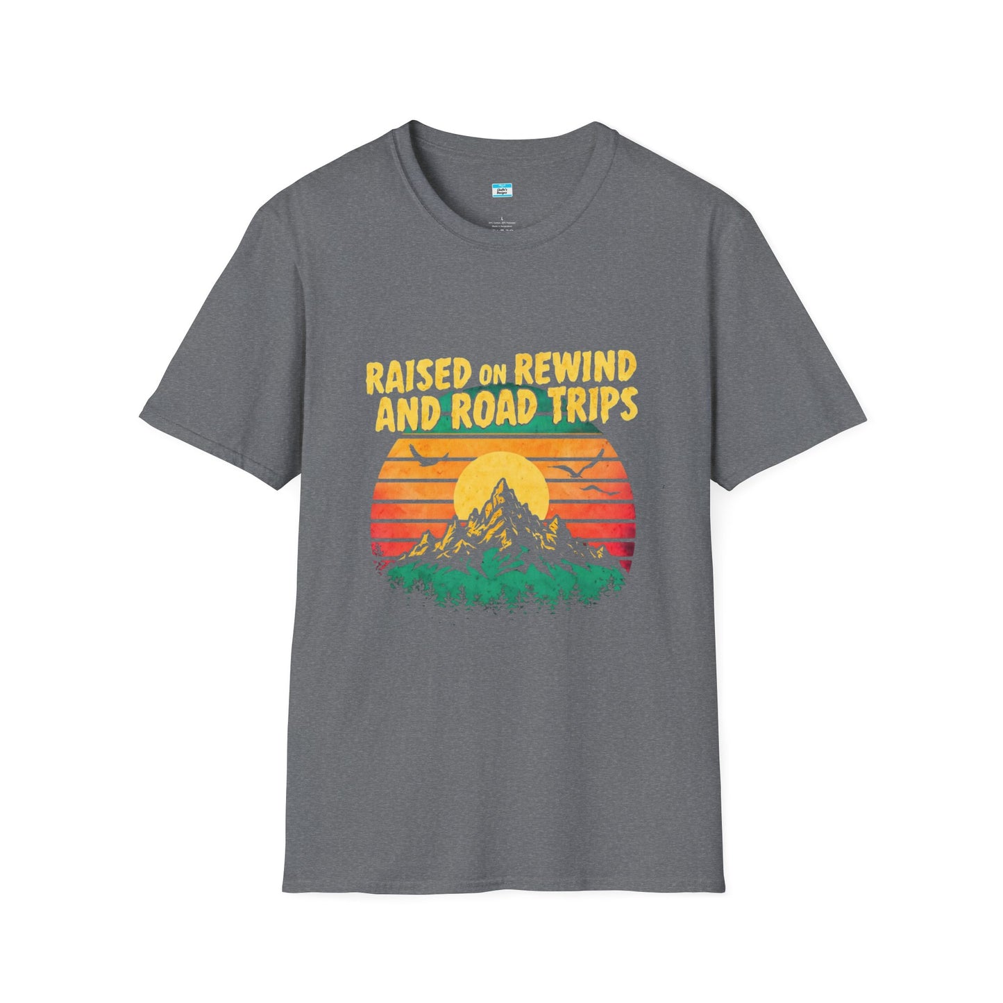 Raised on Rewind and Road Trips T-Shirt β Retro Sunset Mountain Adventure Tee