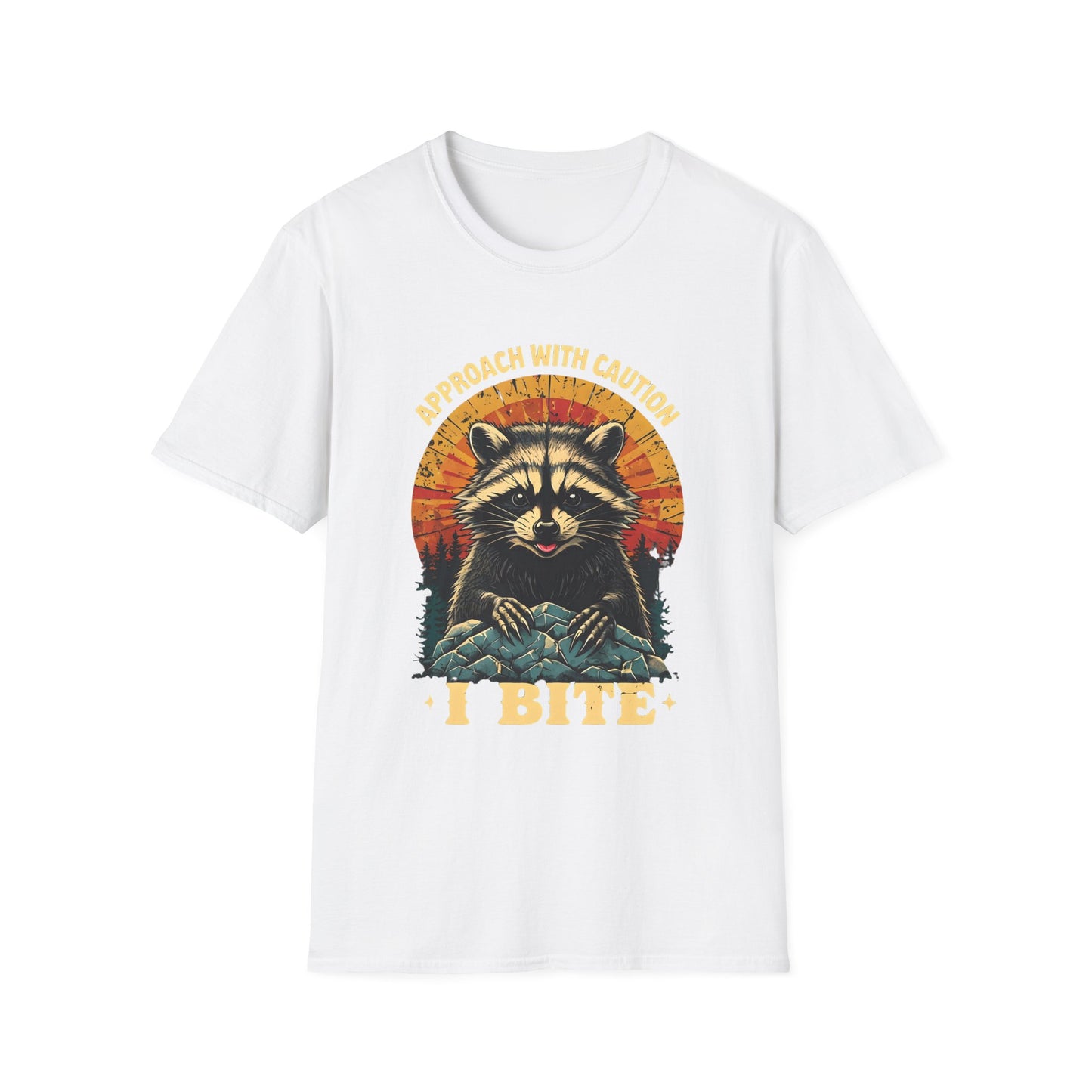 Funny Raccoon I Bite T-Shirt – Approach With Caution Graphic Tee – Cute but Dangerous Animal Shirt – Vintage Sunset Forest Trash Panda Shirt
