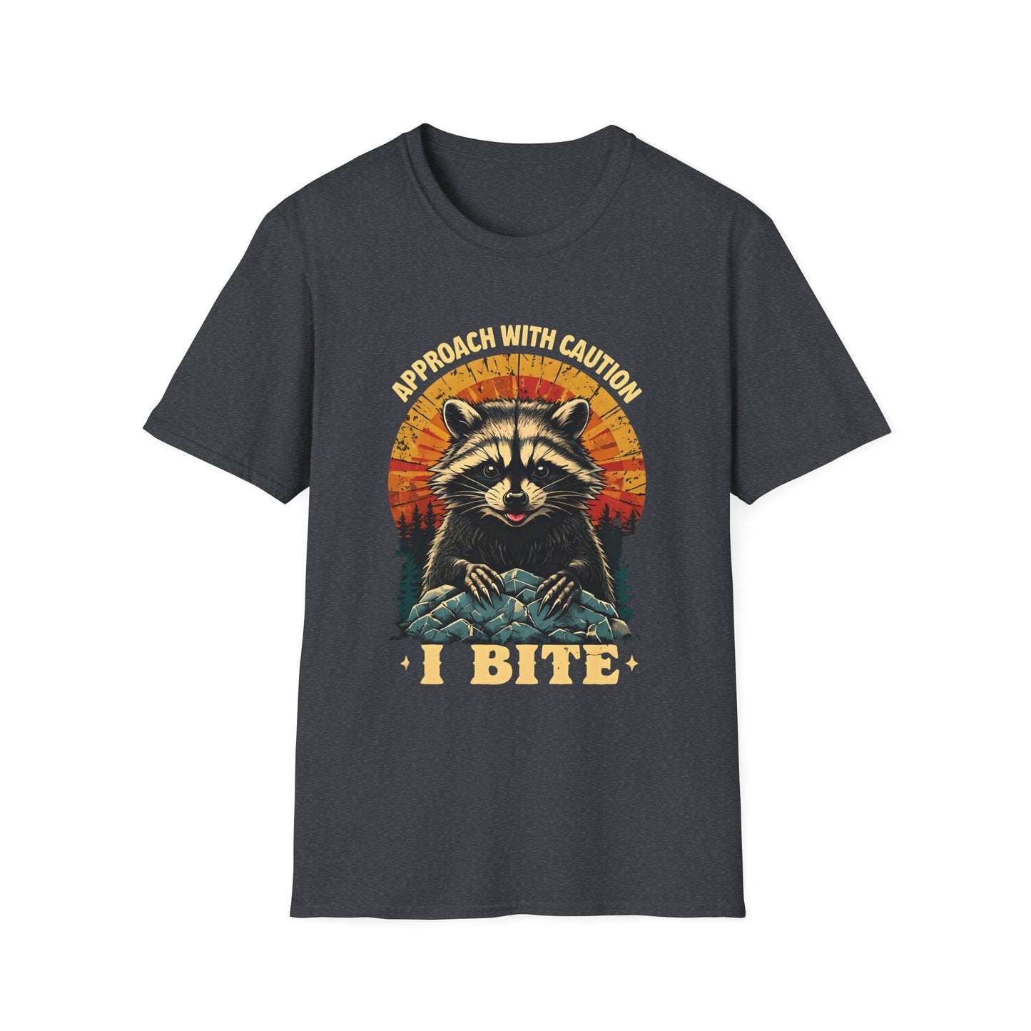 Funny Raccoon I Bite T-Shirt – Approach With Caution Graphic Tee – Cute but Dangerous Animal Shirt – Vintage Sunset Forest Trash Panda Shirt