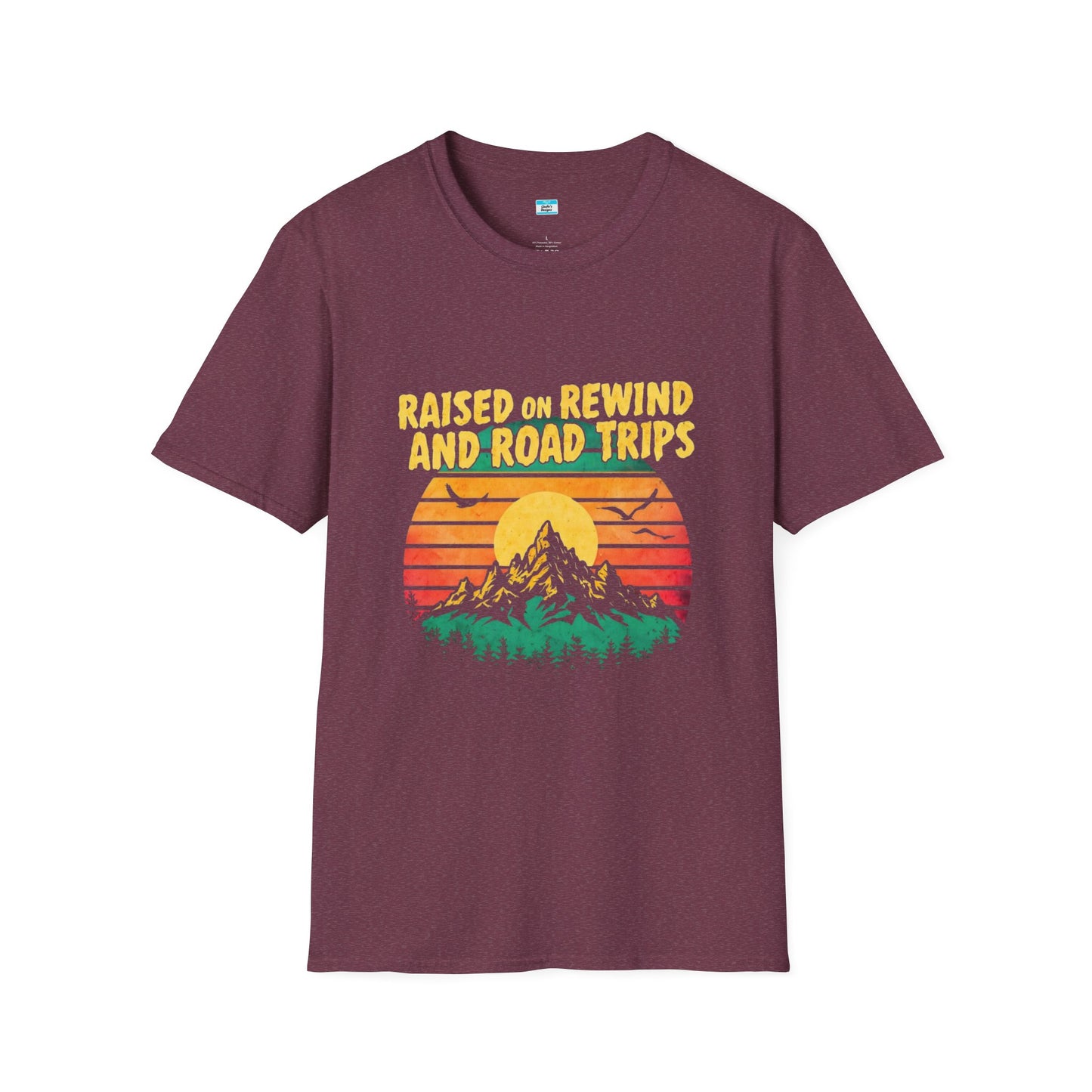 Raised on Rewind and Road Trips T-Shirt β Retro Sunset Mountain Adventure Tee