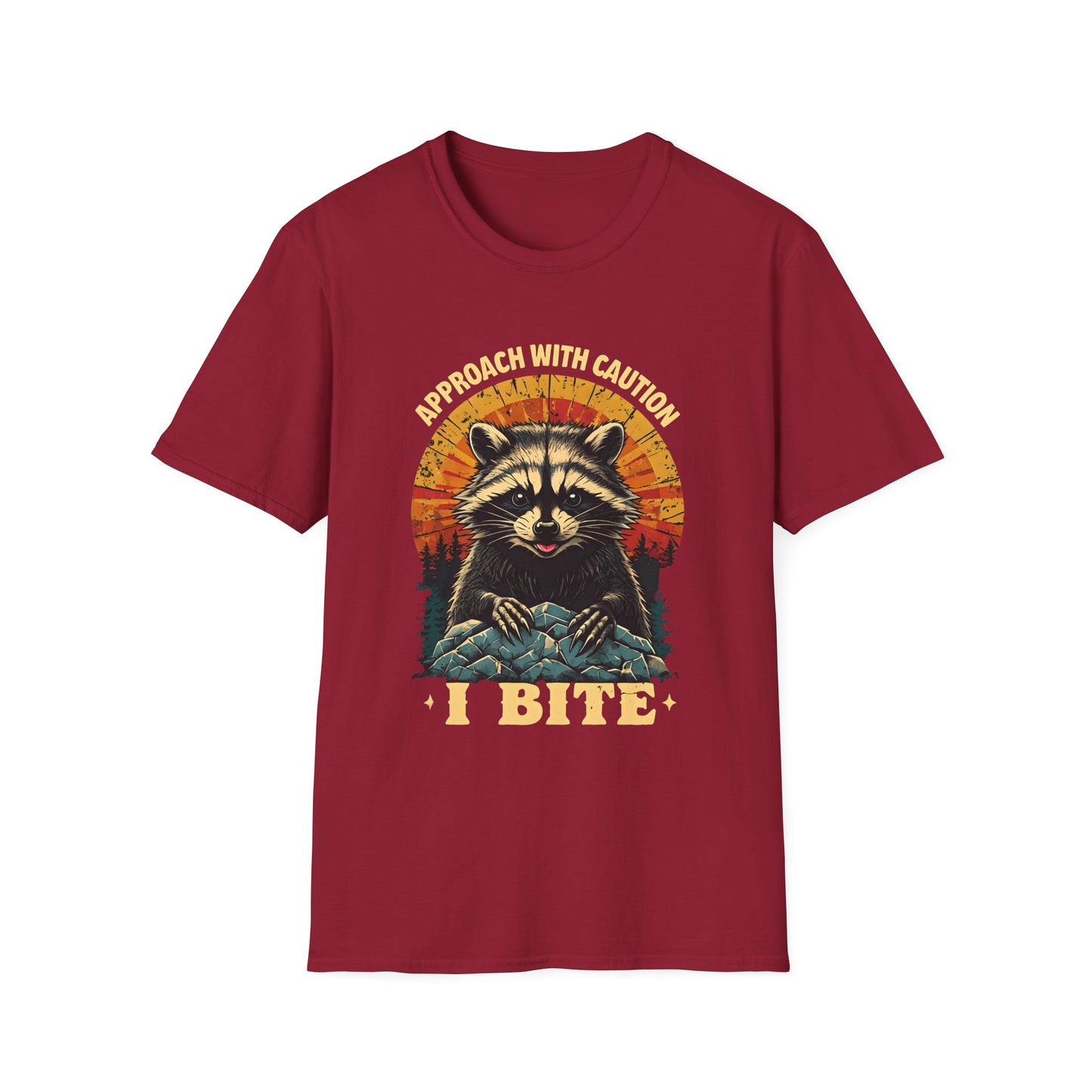 Funny Raccoon I Bite T-Shirt – Approach With Caution Graphic Tee – Cute but Dangerous Animal Shirt – Vintage Sunset Forest Trash Panda Shirt