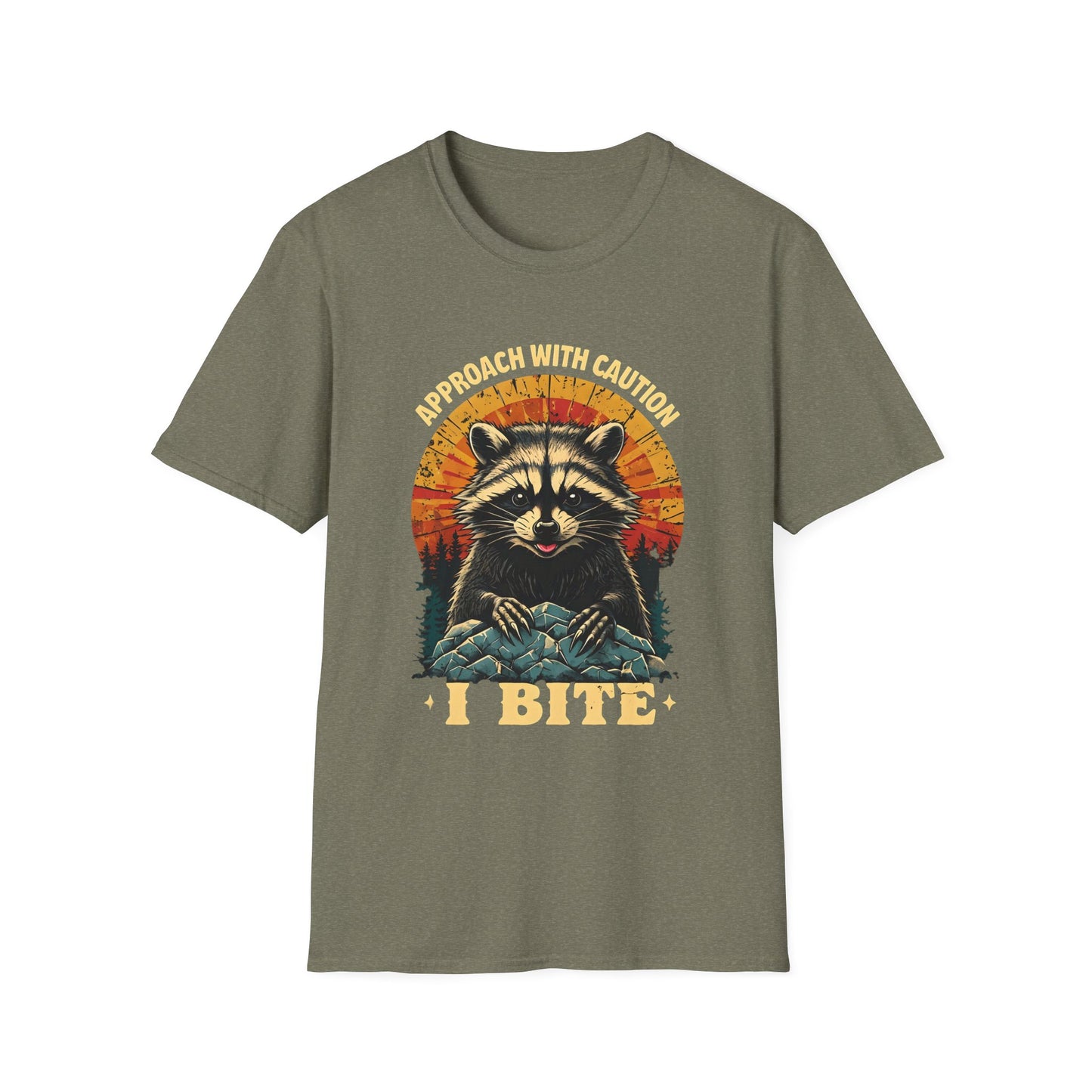 Funny Raccoon I Bite T-Shirt – Approach With Caution Graphic Tee – Cute but Dangerous Animal Shirt – Vintage Sunset Forest Trash Panda Shirt