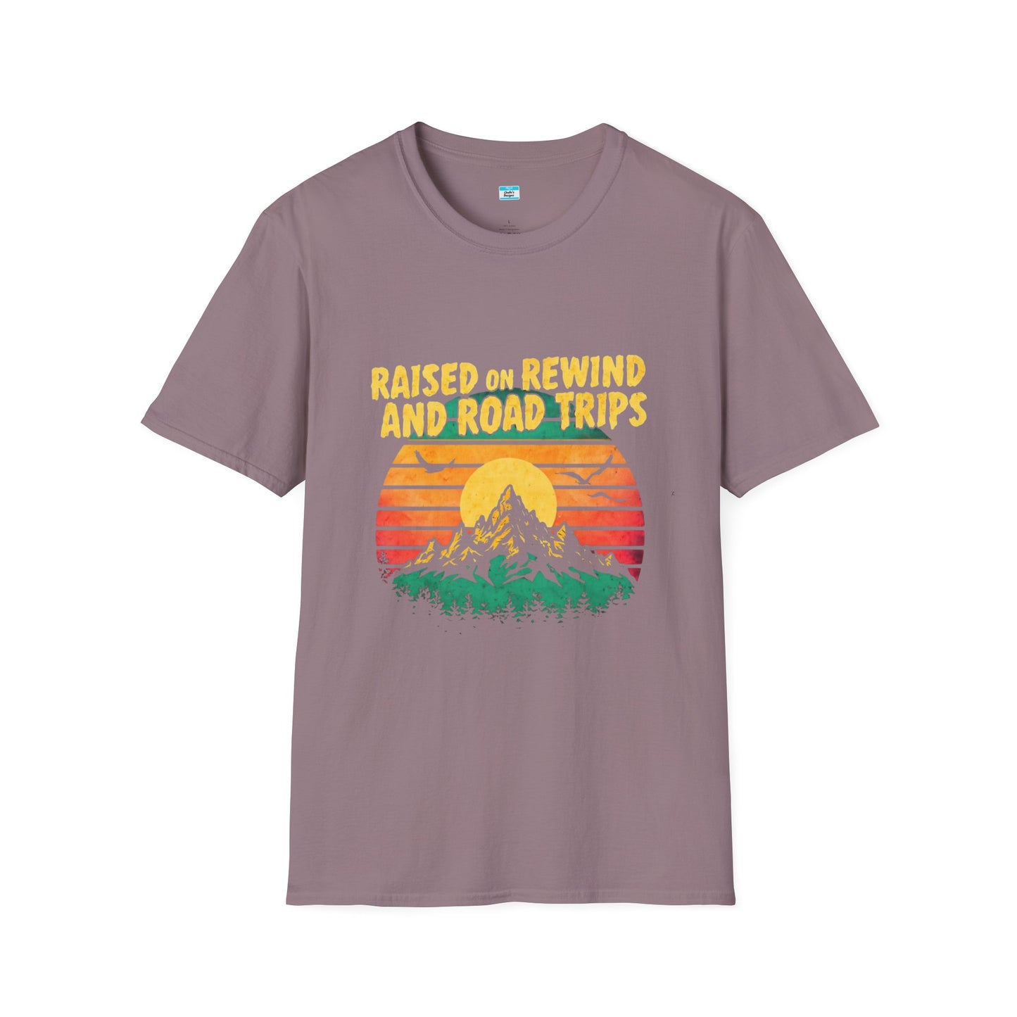 Raised on Rewind and Road Trips T-Shirt β Retro Sunset Mountain Adventure Tee