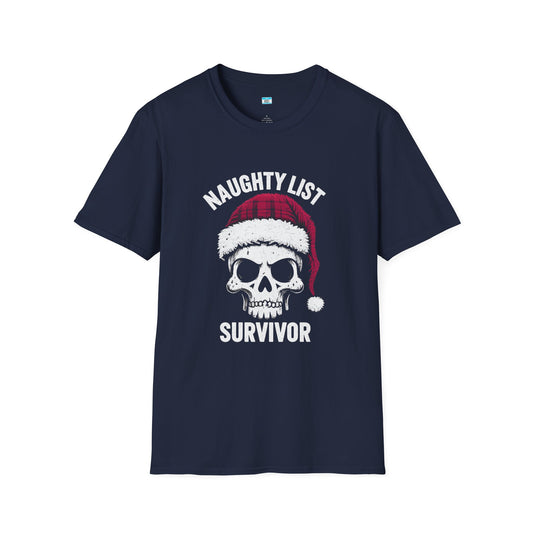 Naughty List Survivor T-Shirt – Funny Christmas Skull Santa Hat Tee