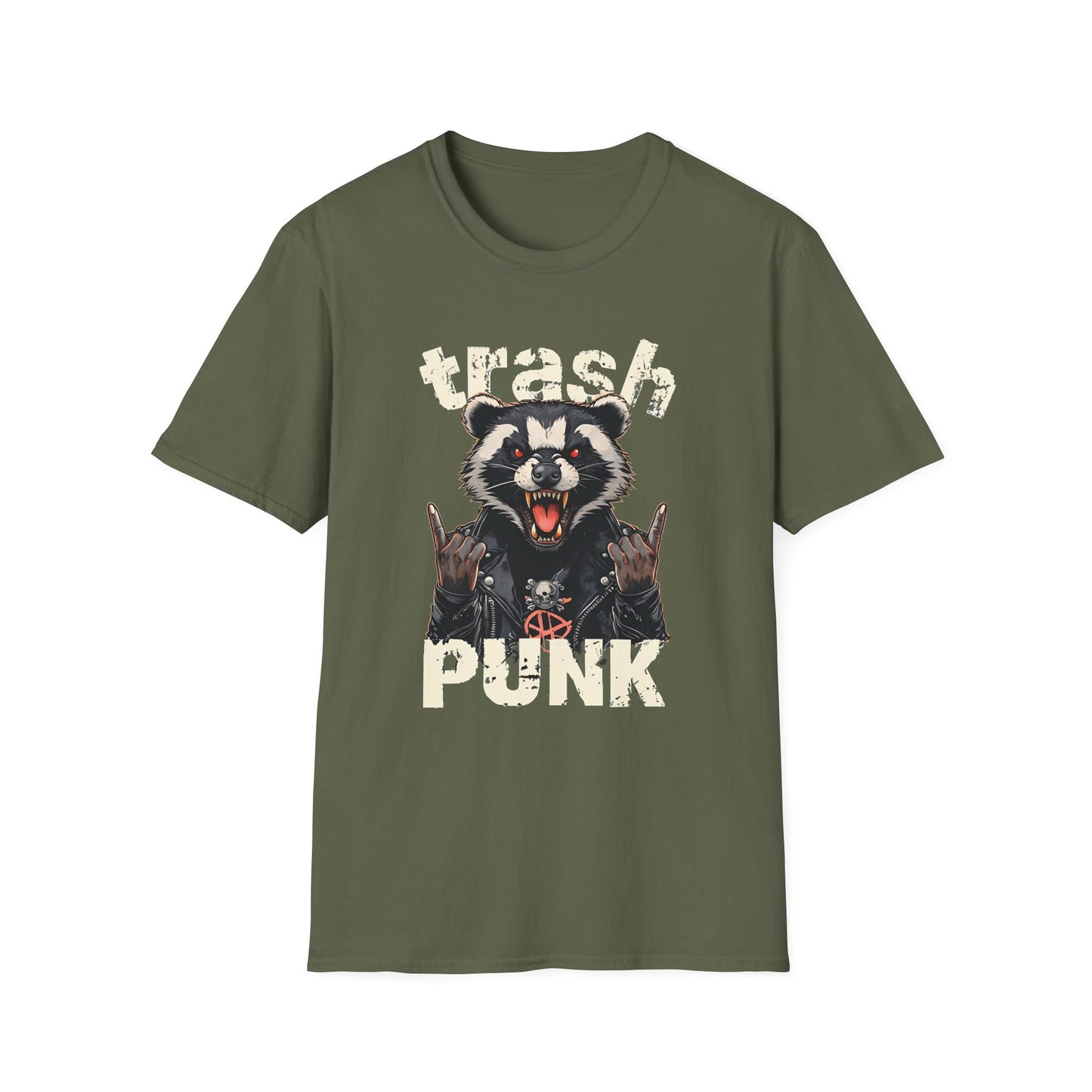 Trash Punk Raccoon T-Shirt – Funny Rocker Animal Graphic Tee – Rebel Trash Metal Band Shirt – Punk Rock Trash Panda Tee