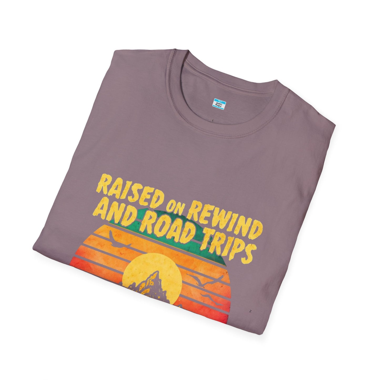 Raised on Rewind and Road Trips T-Shirt β Retro Sunset Mountain Adventure Tee