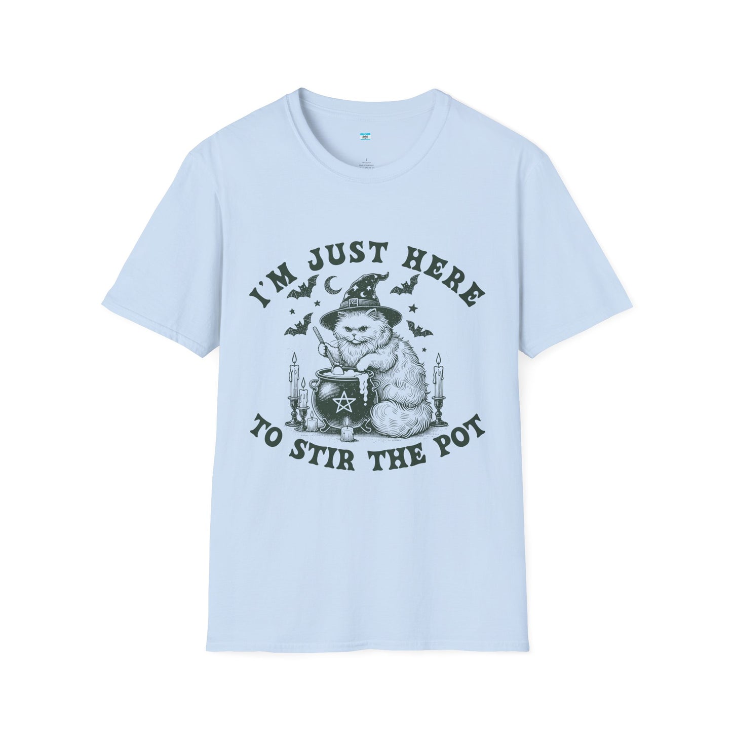 I’m Just Here to Stir the Pot T-Shirt – Funny Witch Cat Cauldron Graphic Tee, Halloween Shirt